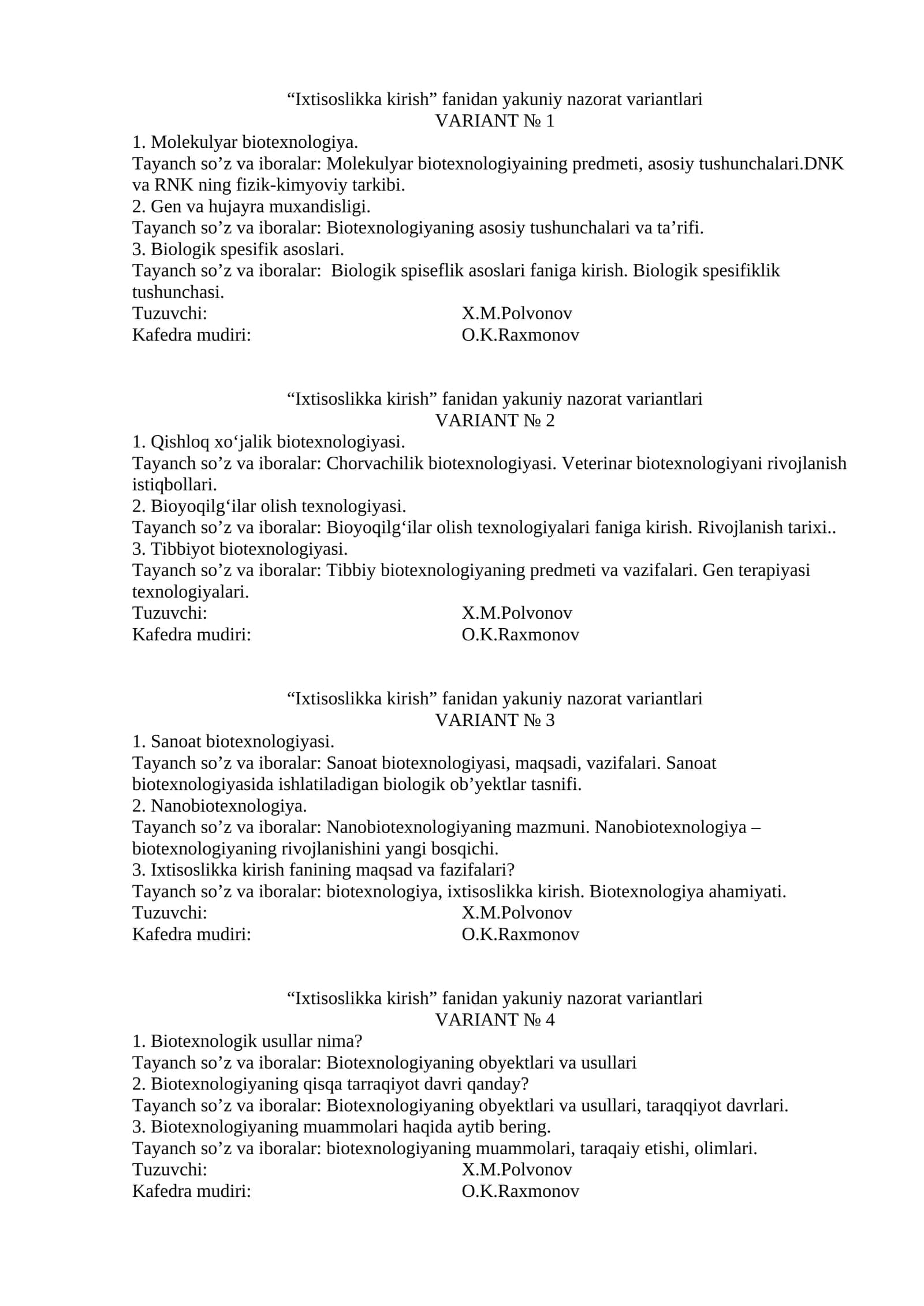 Ixtisoslikka kirish fanidan yakuniy nazorat variantlari 1