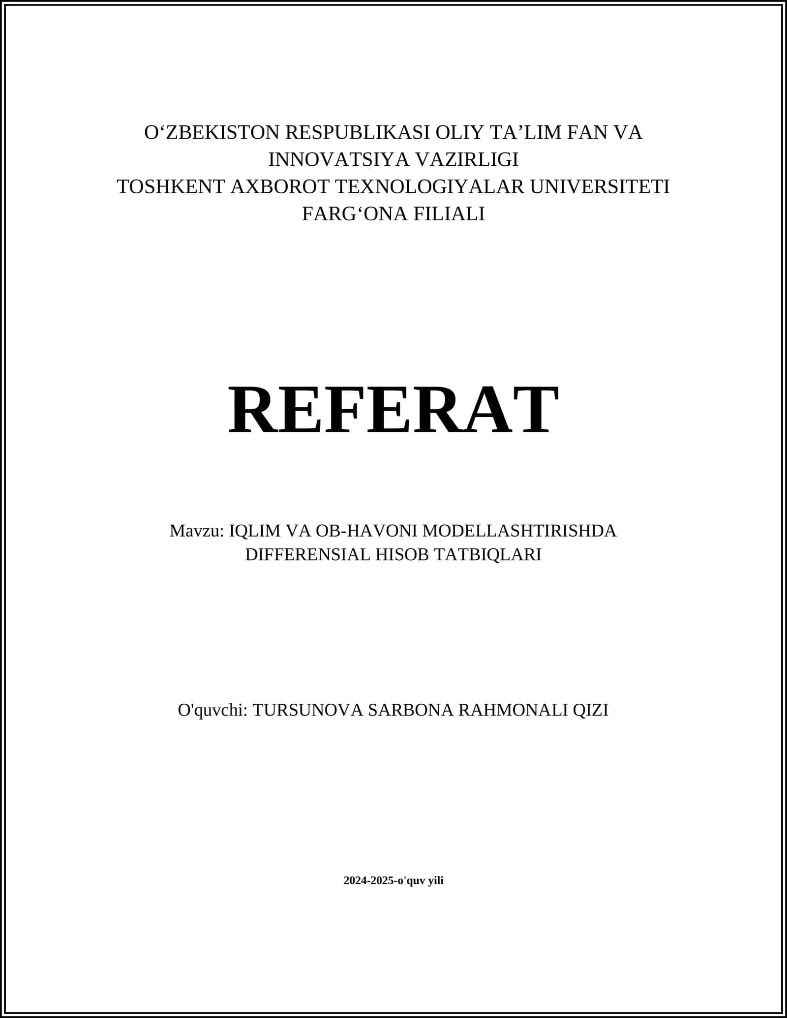 IQLIM VA OB-HAVONI MODELLASHTIRISHDA DIFFERENSIAL HISOB TATBIQLARI 1
