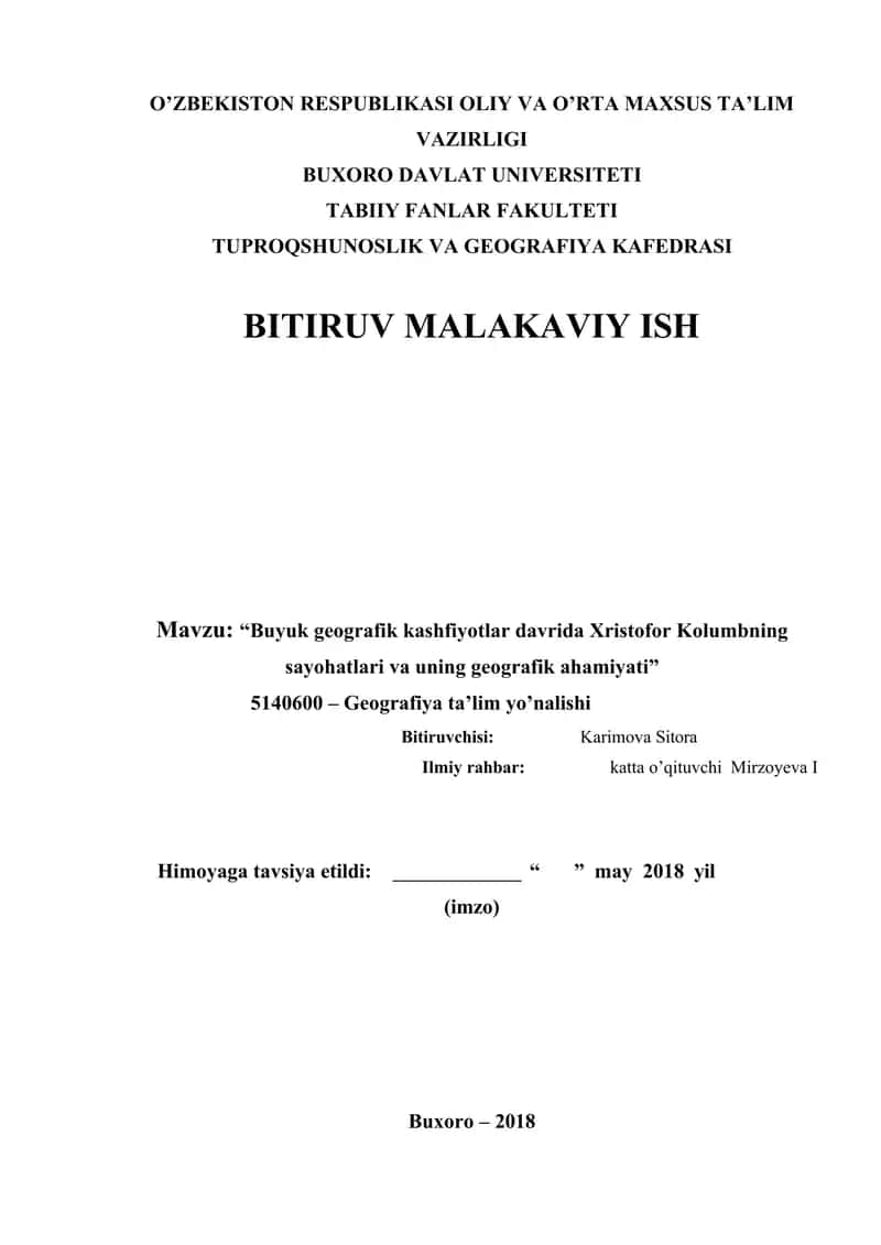Buyuk geografik kashfiyotlar davrida Xristofor Kolumbning sayohatlari va uning geografik ahamiyati 1
