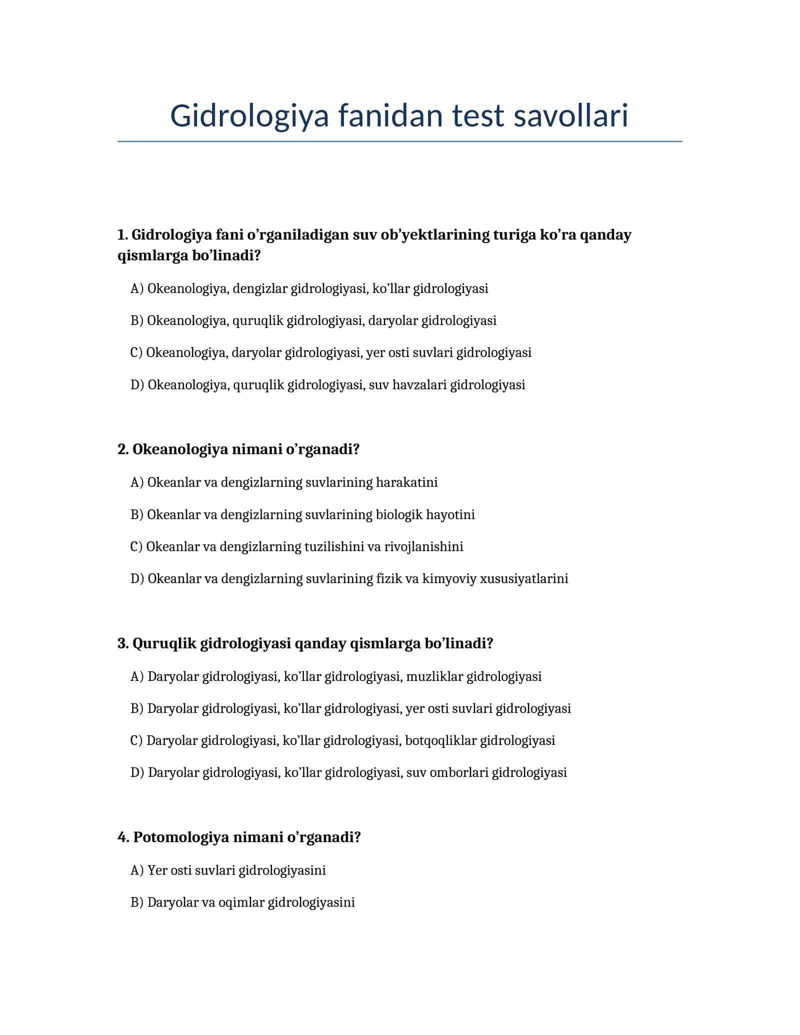 Gidrologiya fanidan test savollari 1