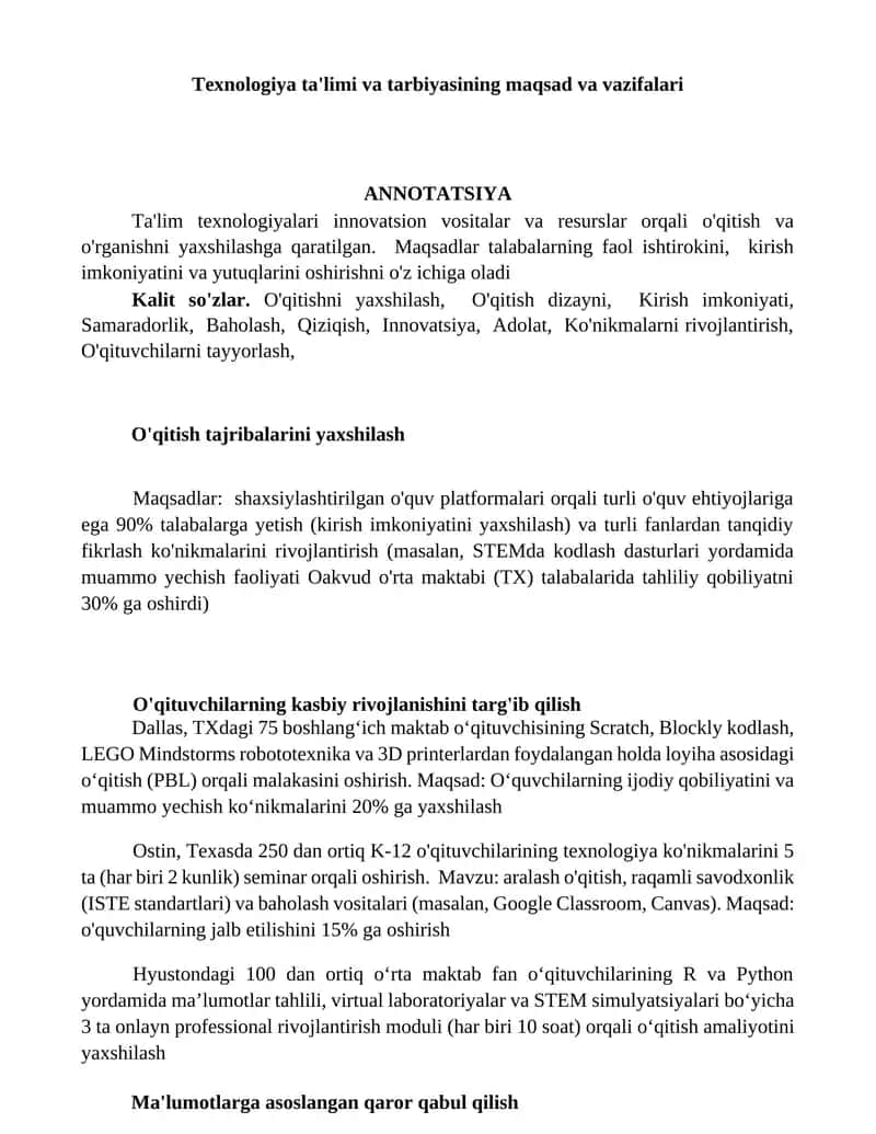 Texnologiya ta'limi va tarbiyasining maqsad va vazifalari 1