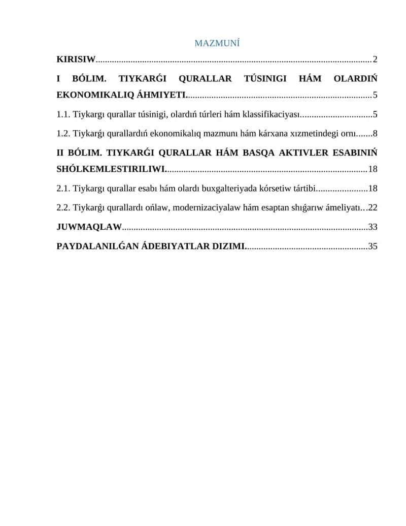 TIYKARǴI QURALLAR TÚSINIGI HÁM OLARDIŃ EKONOMIKALIQ ÁHMIYETI 1