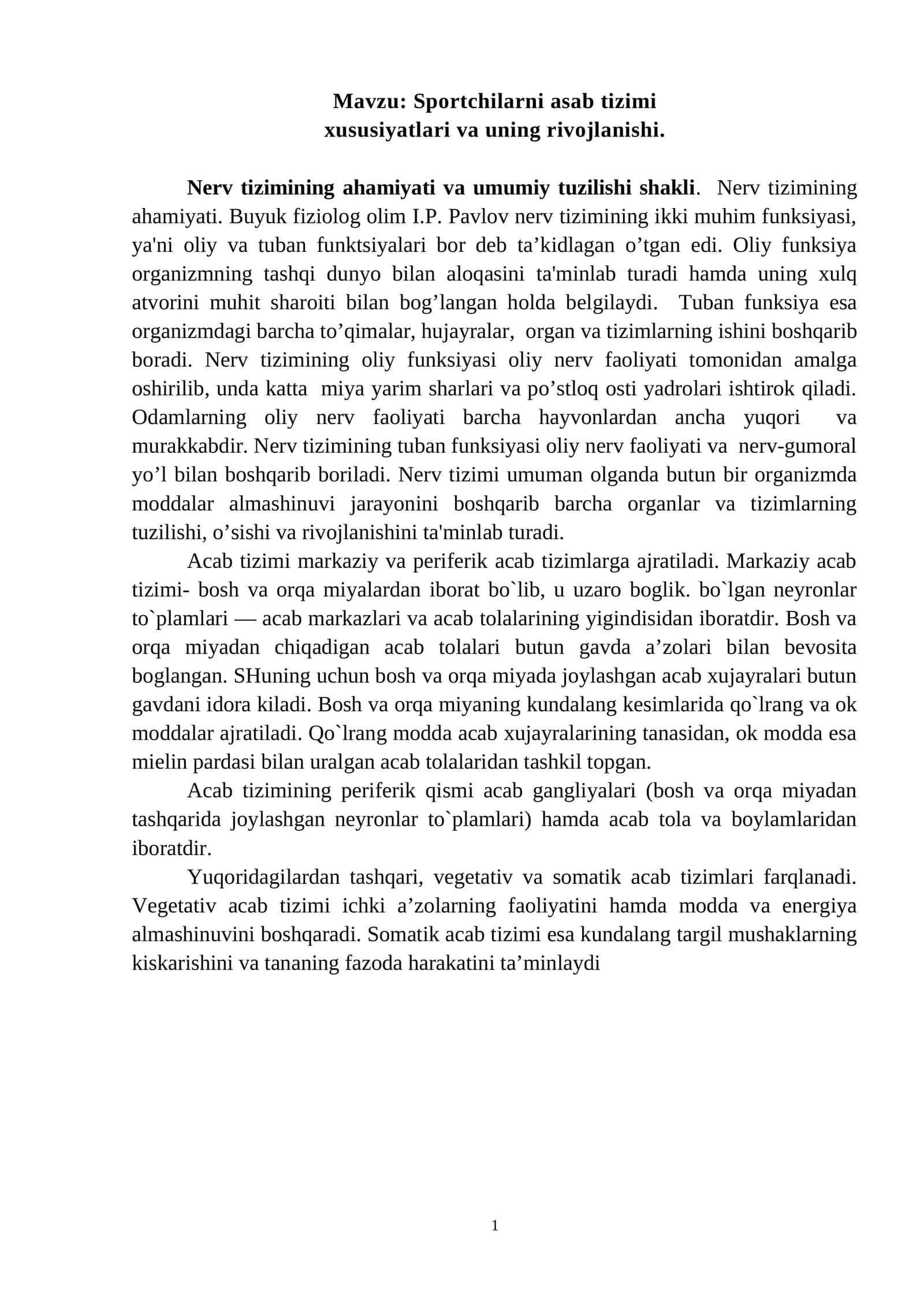 Sportchilarni asab tizimi xususiyatlari va uning rivojlanishi 1