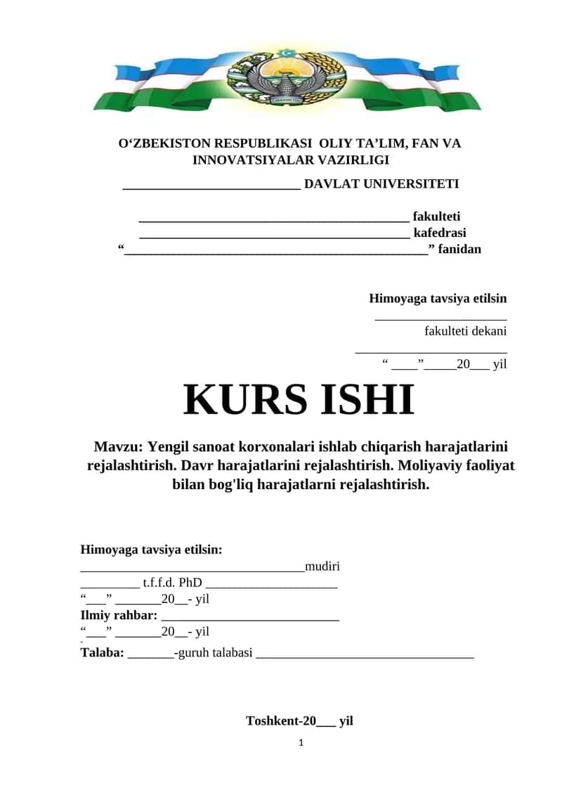Yengil sanoat korxonalari ishlab chiqarish harajatlarini rejalashtirish. Davr harajatlarini rejalashtirish. Moliyaviy faoliyat bilan bog'liq harajatlarni rejalashtirish 1