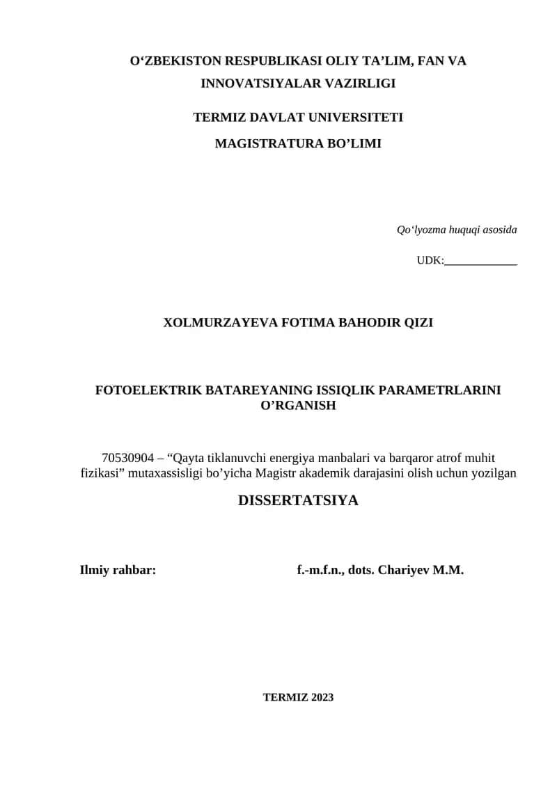 FOTOELEKTRIK BATAREYANING ISSIQLIK PARAMETRLARINI O’RGANISH 1
