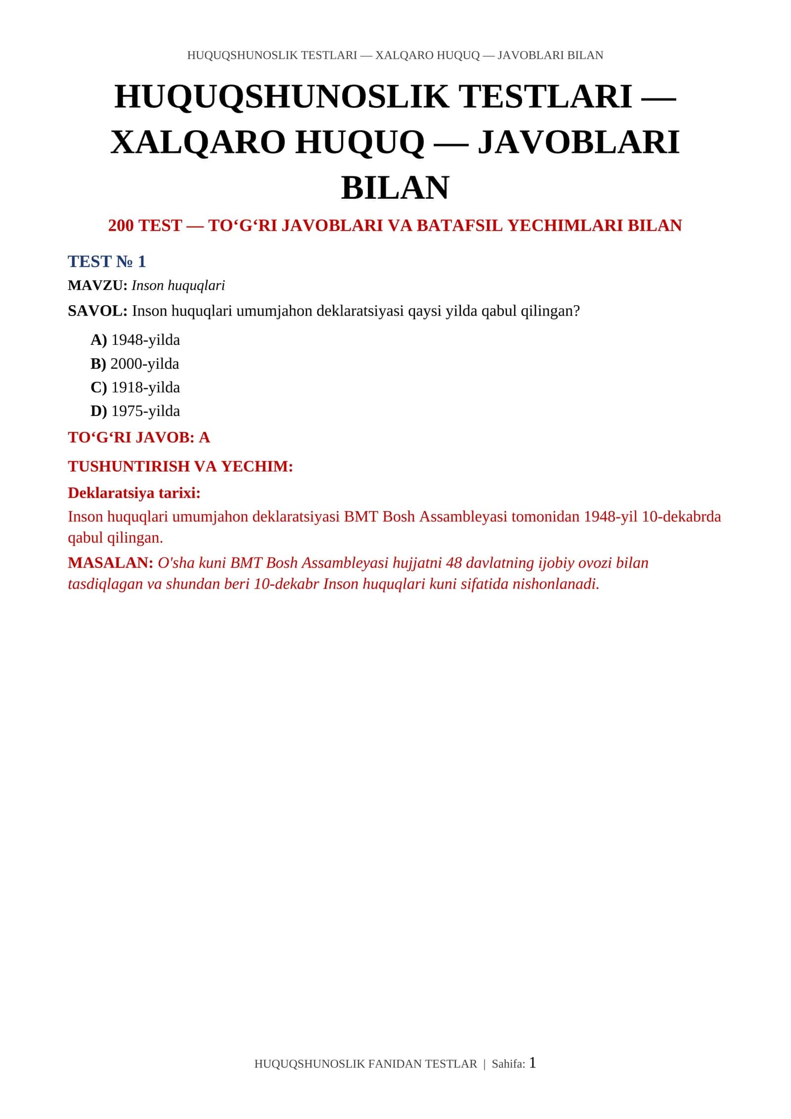 HUQUQSHUNOSLIK TESTLARI — XALQARO HUQUQ — JAVOBLARI BILAN 1