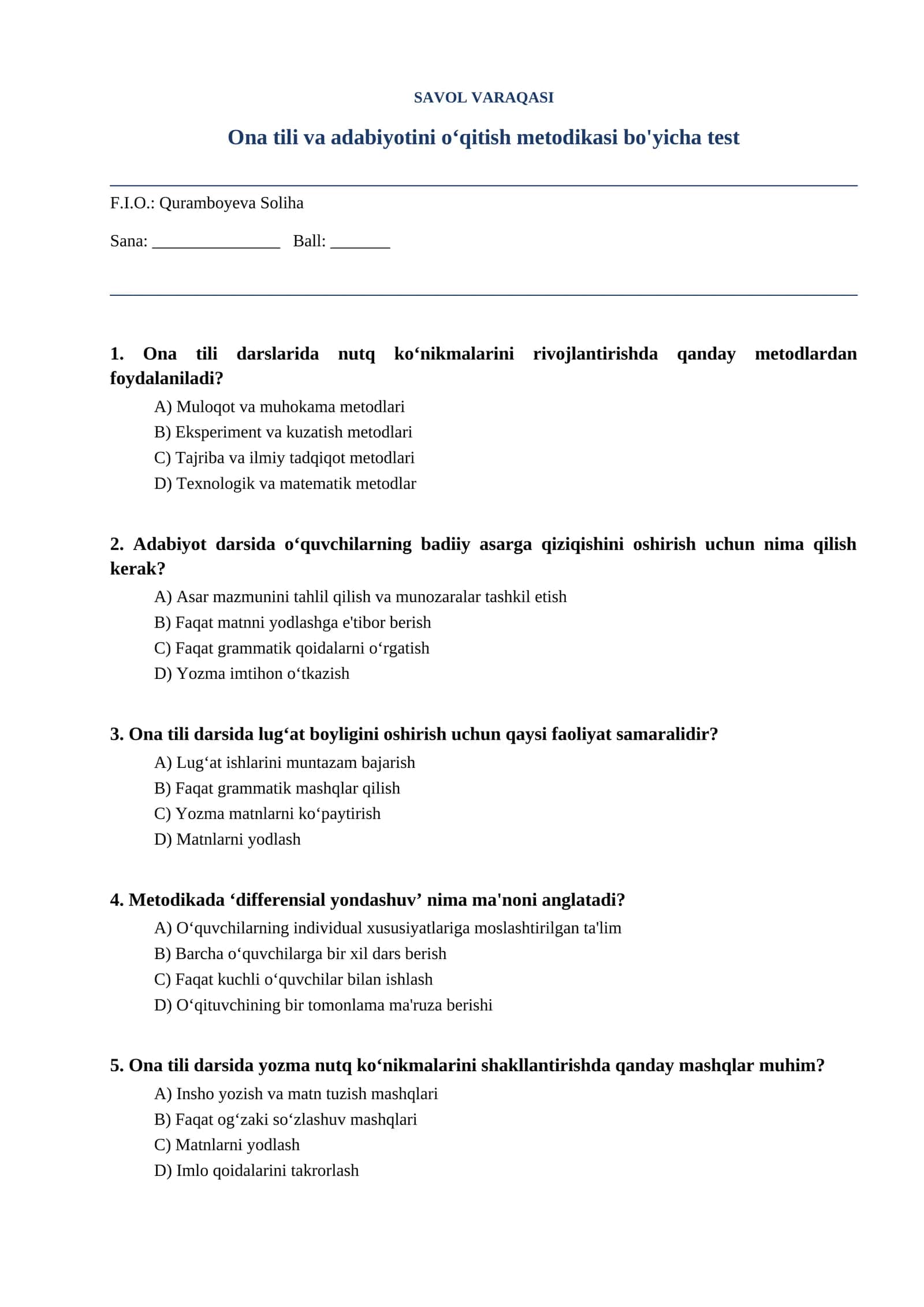 Ona tili va adabiyotini oʻqitish metodikasi bo'yicha test 1