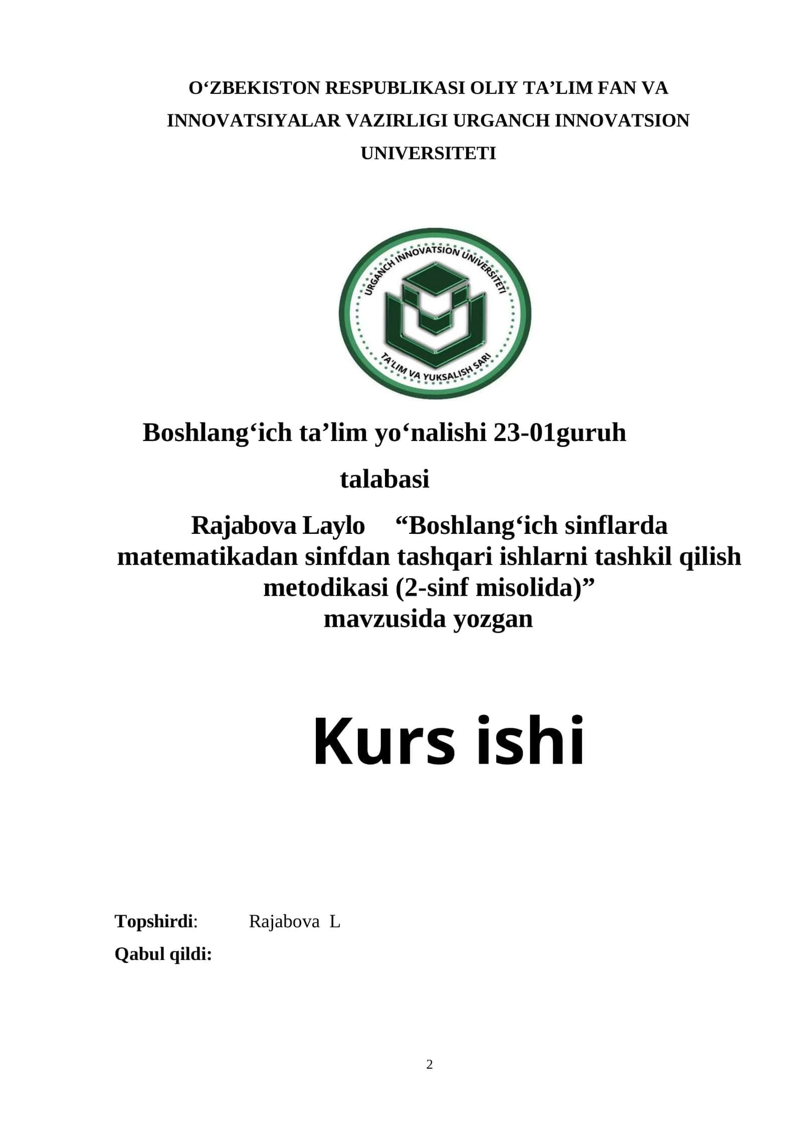 Boshlang‘ich sinflarda matematikadan sinfdan tashqari ishlarni tashkil qilish metodikasi (2-sinf misolida) 1