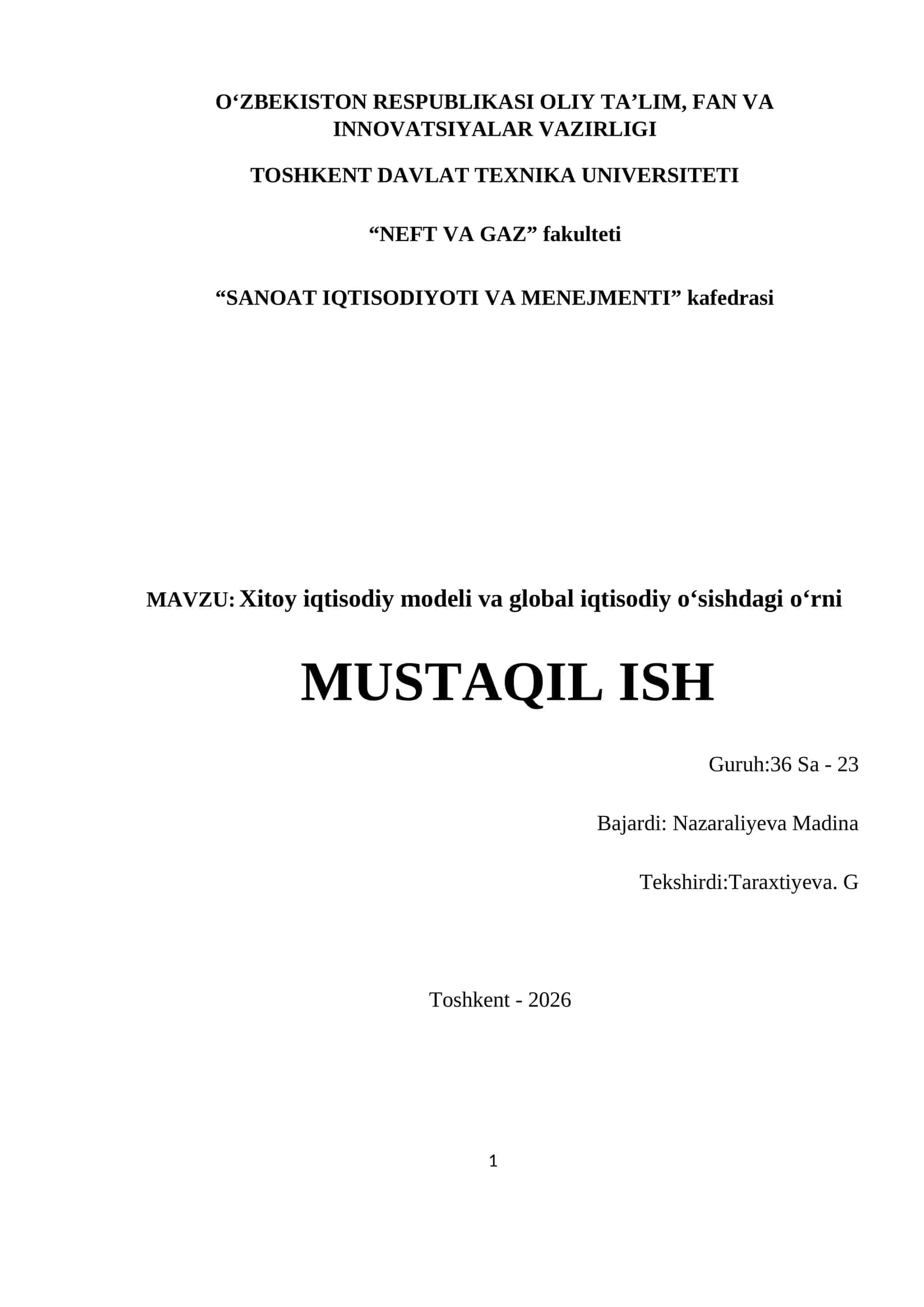 Xitoy iqtisodiy modeli va global iqtisodiy oʻsishdagi oʻrni 1