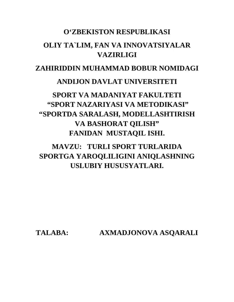 SPORTDA SARALASH, MODELLASHTIRISH VA BASHORAT QILISH 1