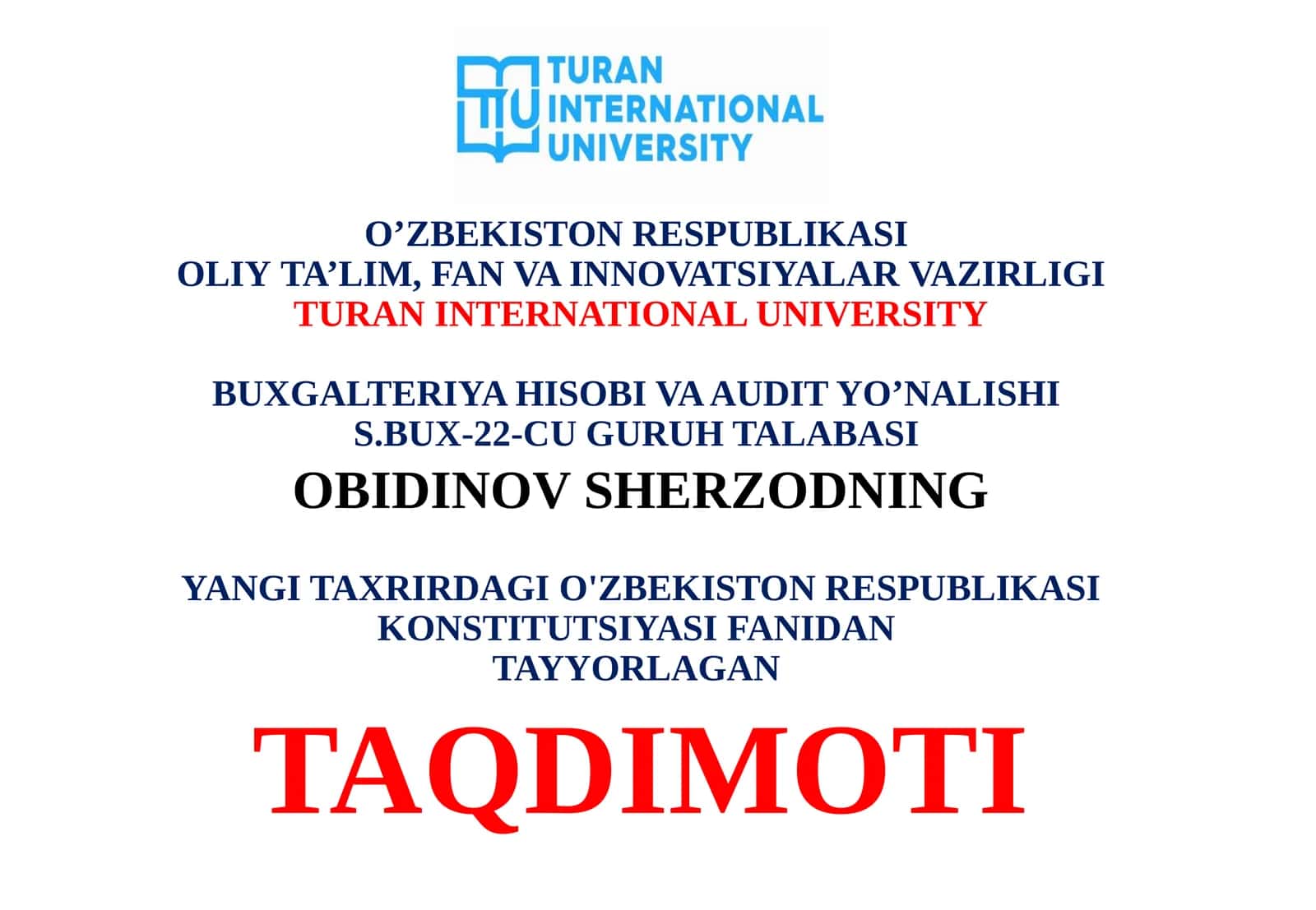 YANGI TAXRIRDAGI O'ZBEKISTON RESPUBLIKASI KONSTITUTSIYASIFANIDAN TAYYORLAGAN TAQDIMOTI 1
