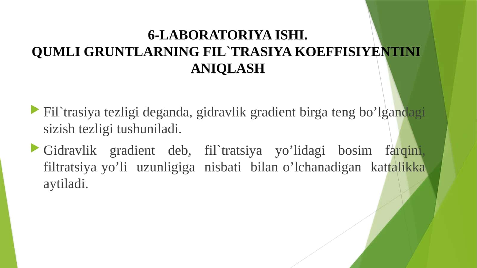6-LABОRATОRIYA ISHI.QUMLI GRUNTLARNING FIL`TRASIYA KОЕFFISIYЕNTINI ANIQLASH 1