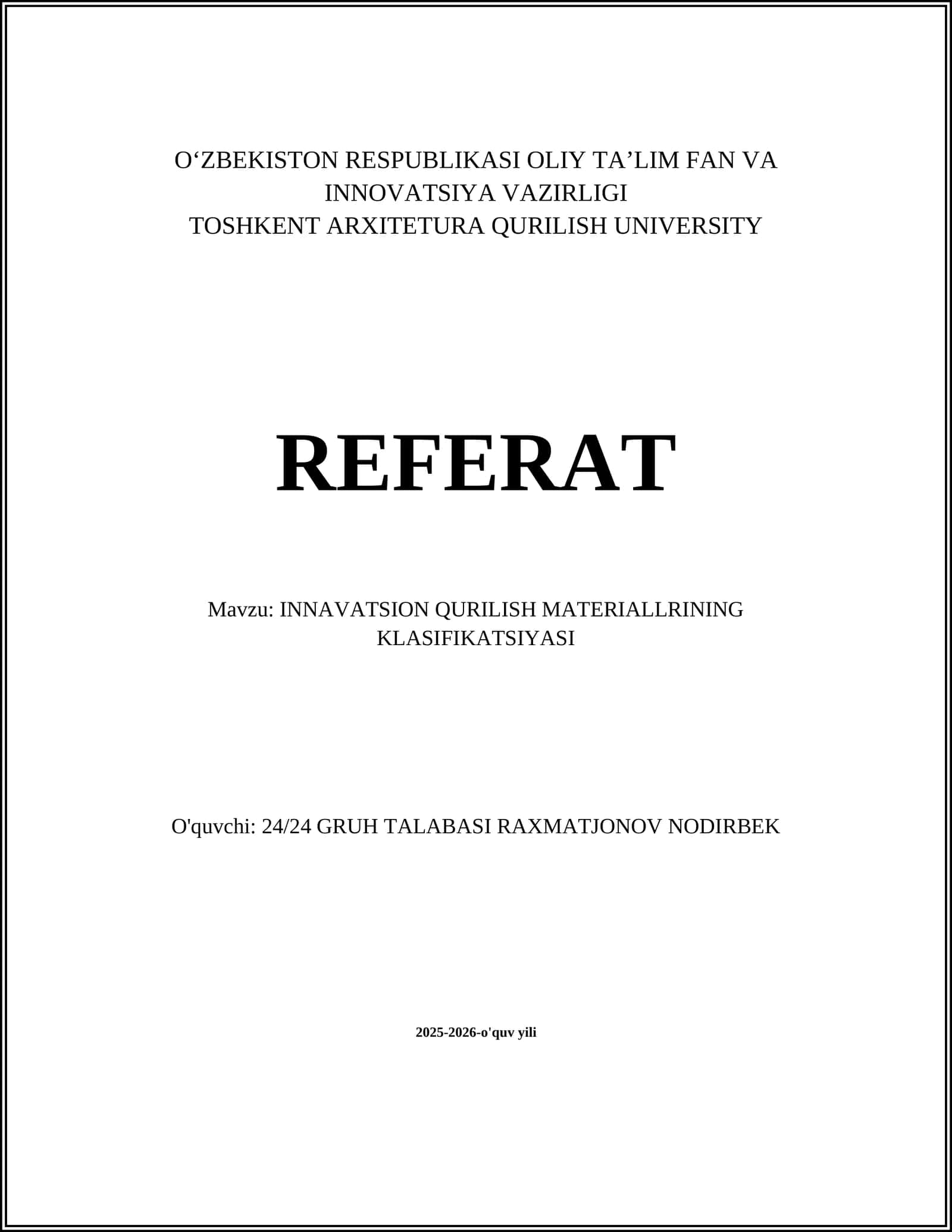 INNAVATSION QURILISH MATERIALLRINING KLASIFIKATSIYASI 1