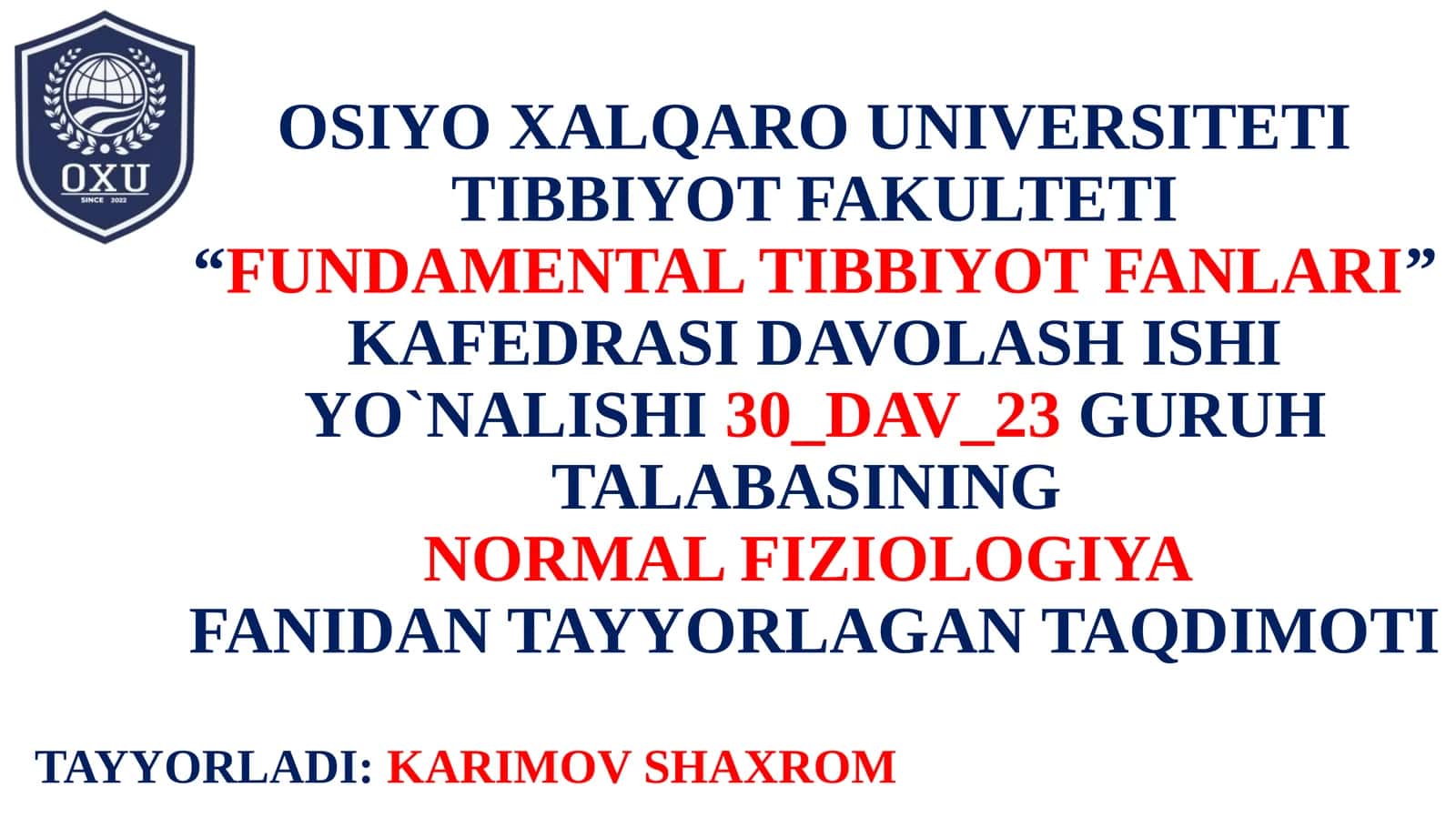 O‘PKANING NAFASGA OID BO‘LMAGAN FUNKSIYALARI. SUN'IY NAFAS. NAFASNING PATOLOGIK TURLARI. TO‘QIMADAGI NAFASI. GIPOKSIYA UNING TURLARI. 1