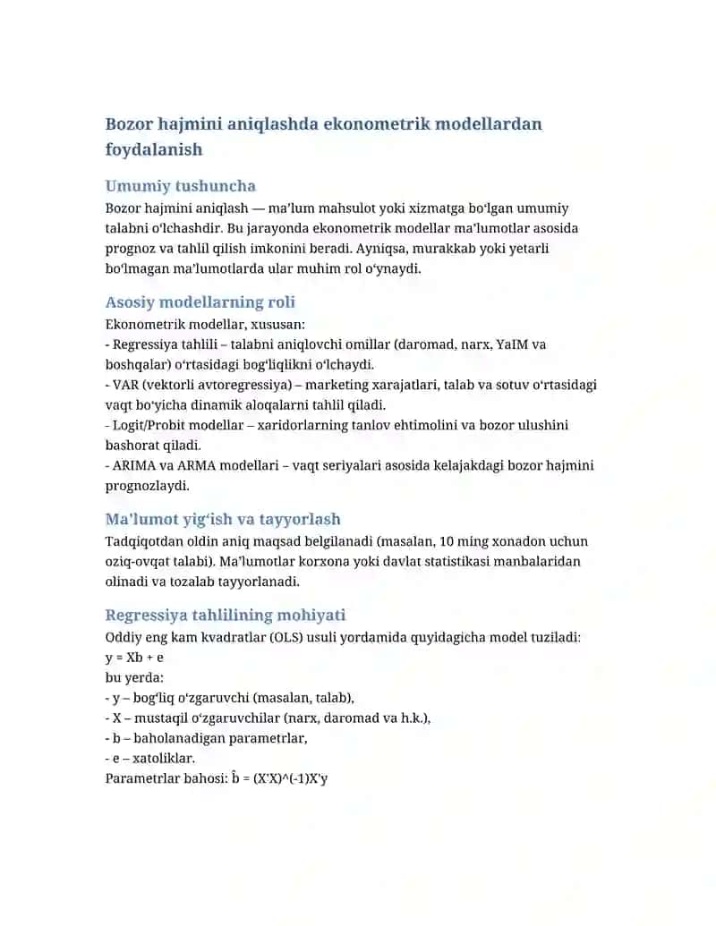 Bozor hajmini aniqlashda ekonometrik modellardan foydalanish 1