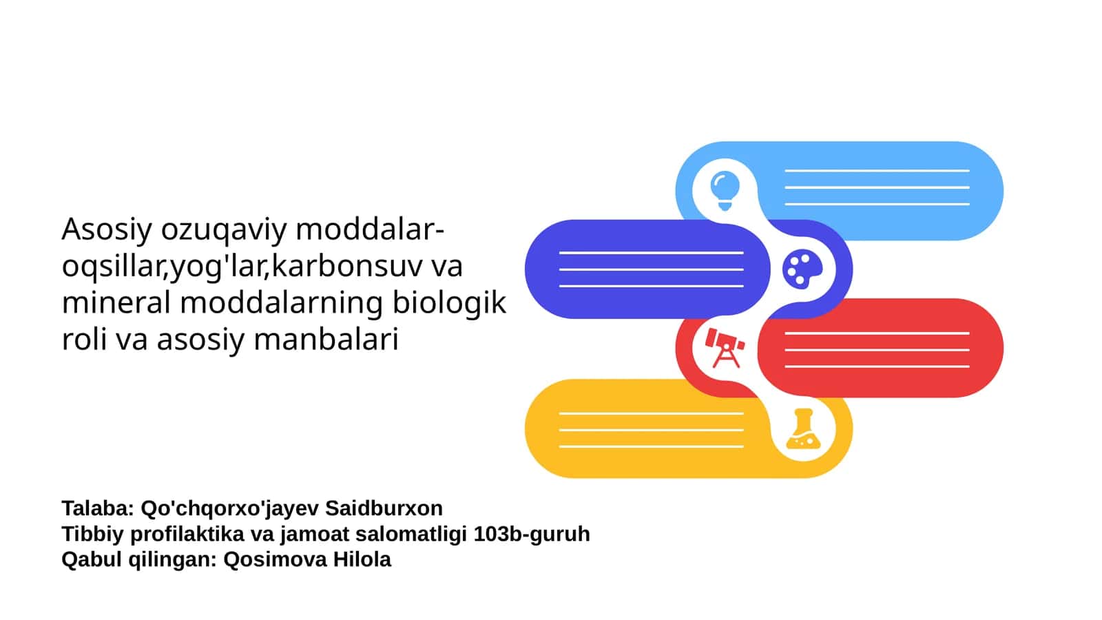 Asosiy ozuqaviy moddalar-oqsillar,yog'lar,karbonsuv va mineral moddalarning biologik roli va asosiy manbalari 1