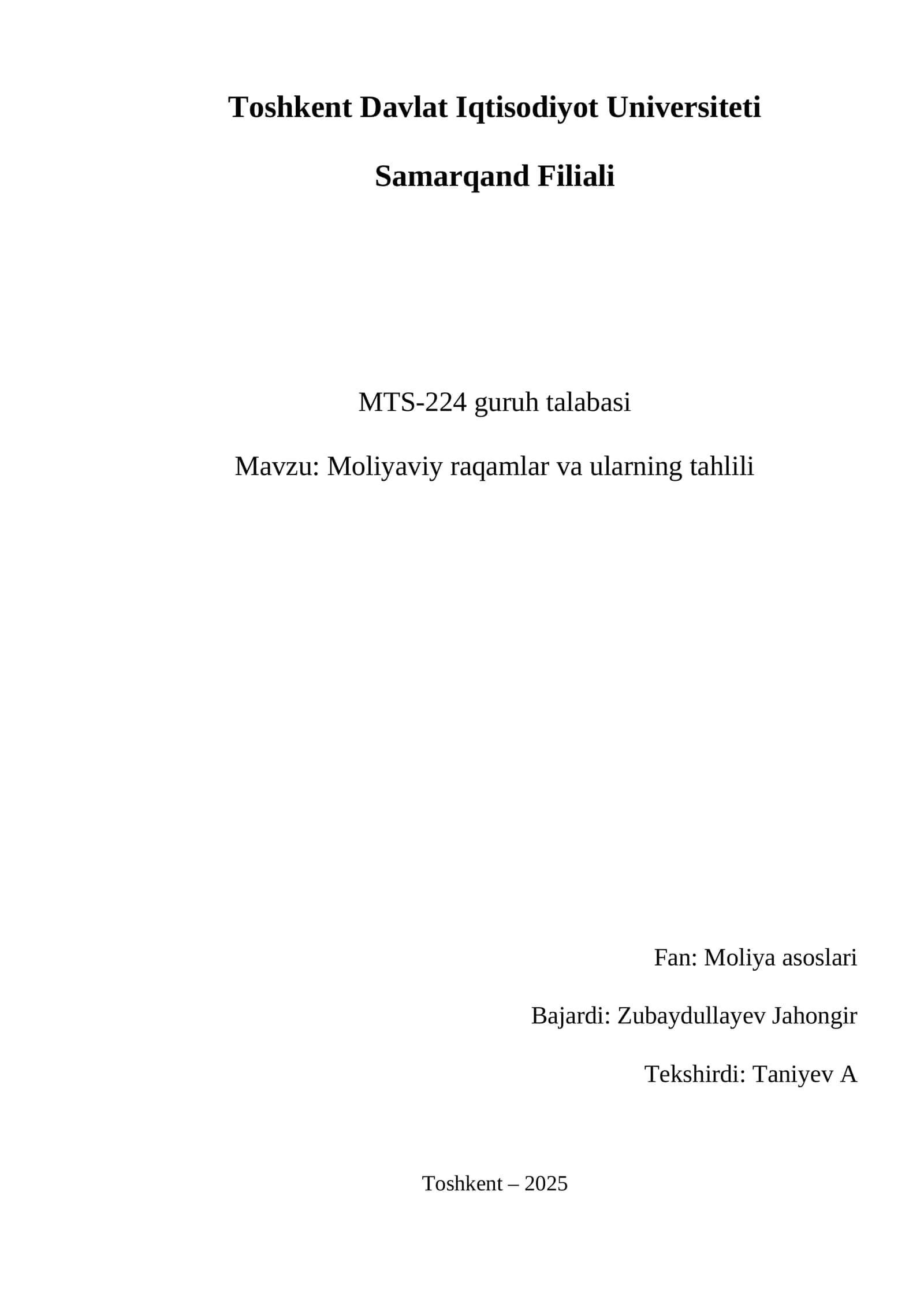 Moliyaviy raqamlar va ularning tahlili 1