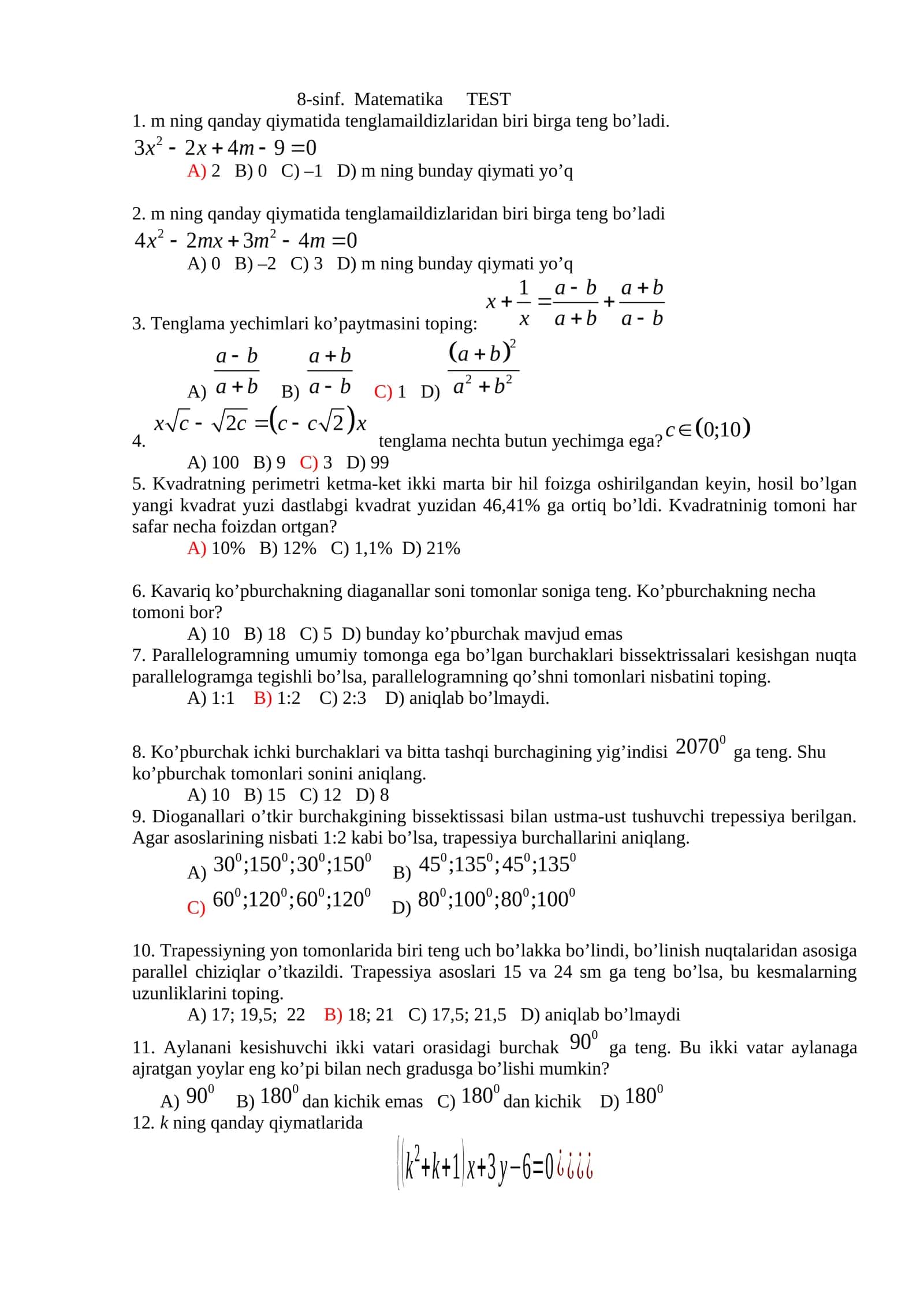 8-sinf. Matematika TEST 1