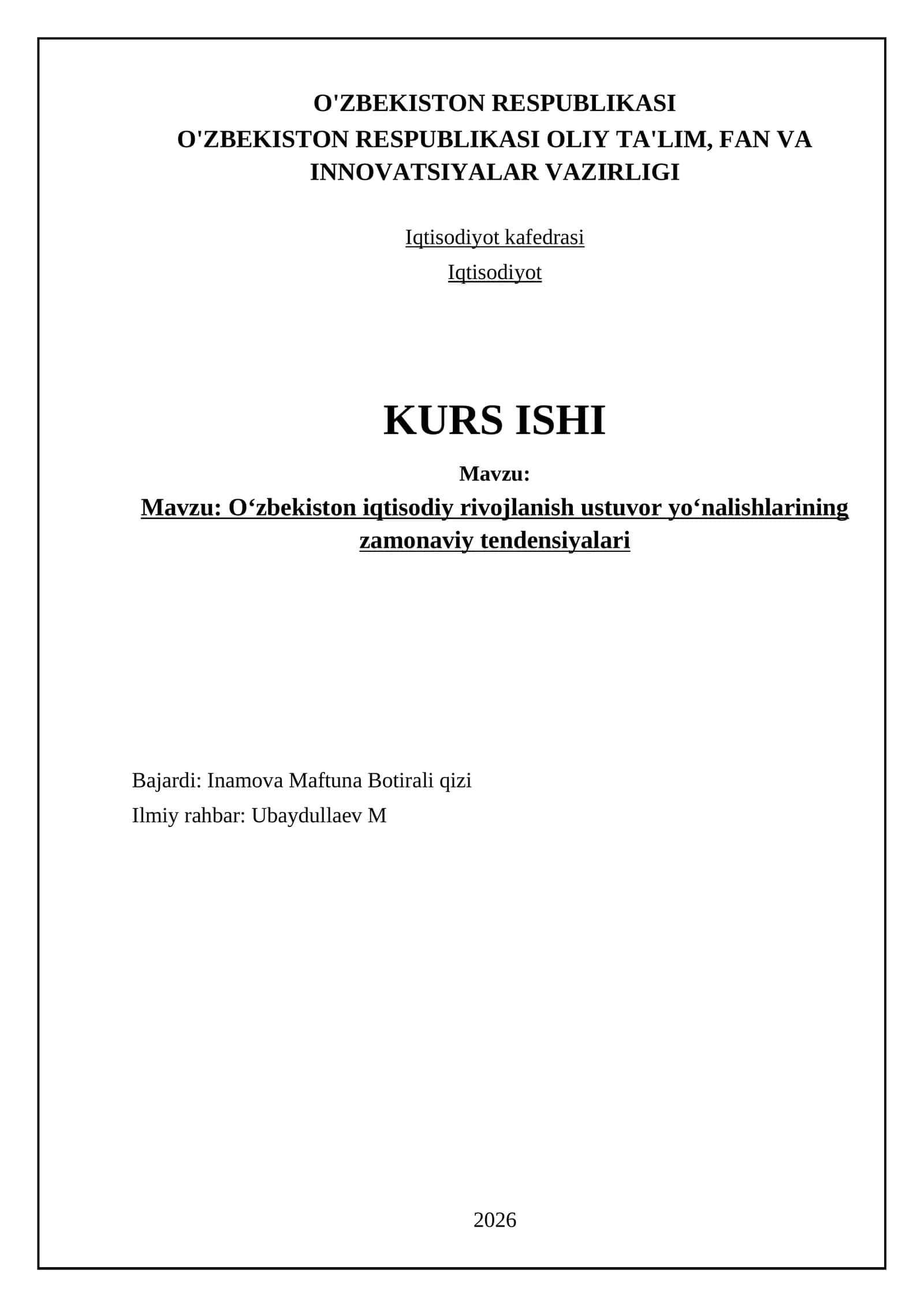 Oʻzbekiston iqtisodiy rivojlanish ustuvor yoʻnalishlarining zamonaviy tendensiyalari 1