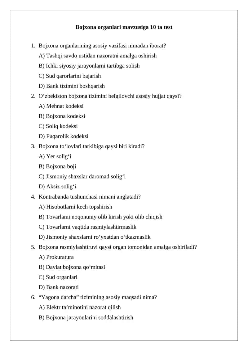Bojxona organlari mavzusiga 10 ta test 1