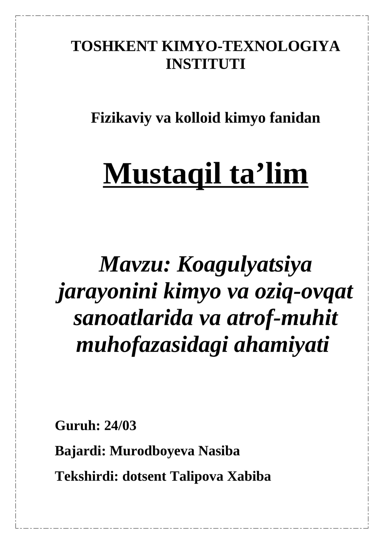 Koagulyatsiya jarayonini kimyo va oziq-ovqat sanoatlarida va atrof-muhit muhofazasida o'rni 1