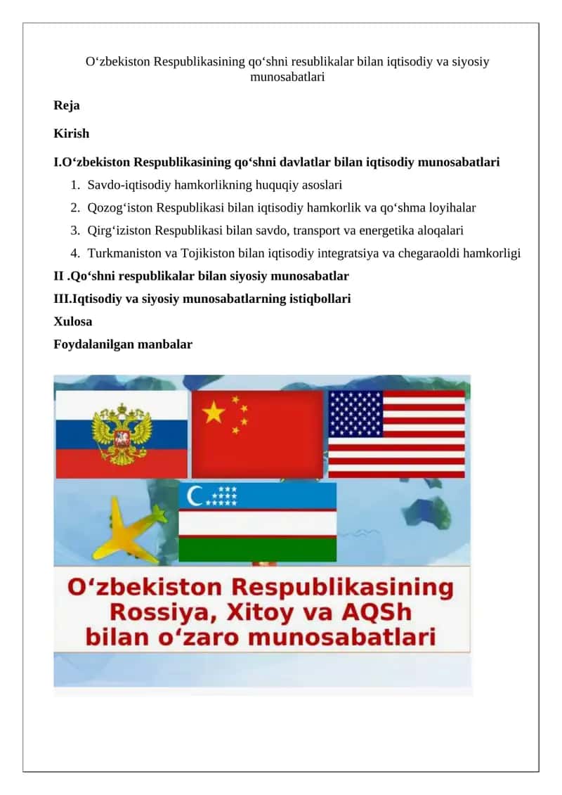 O‘zbekiston Respublikasining qo‘shni resublikalar bilan iqtisodiy va siyosiy munosabatlari 1