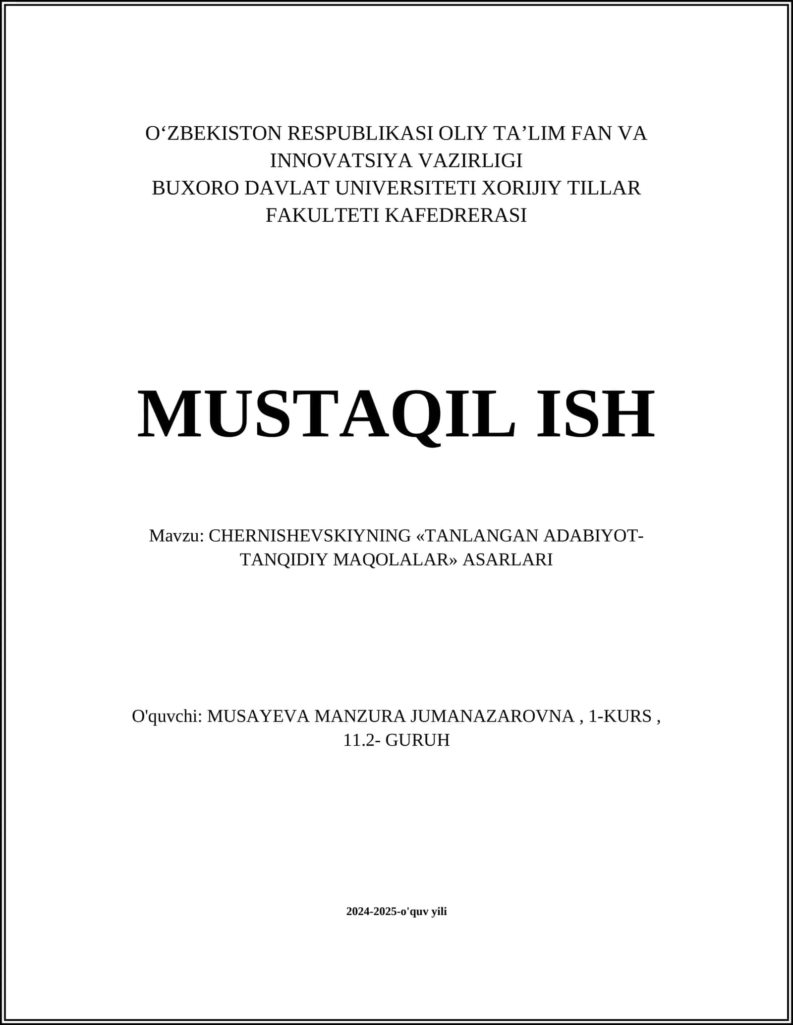 CHERNISHEVSKIYNING «TANLANGAN ADABIYOT-TANQIDIY MAQOLALAR» ASARLARI 1
