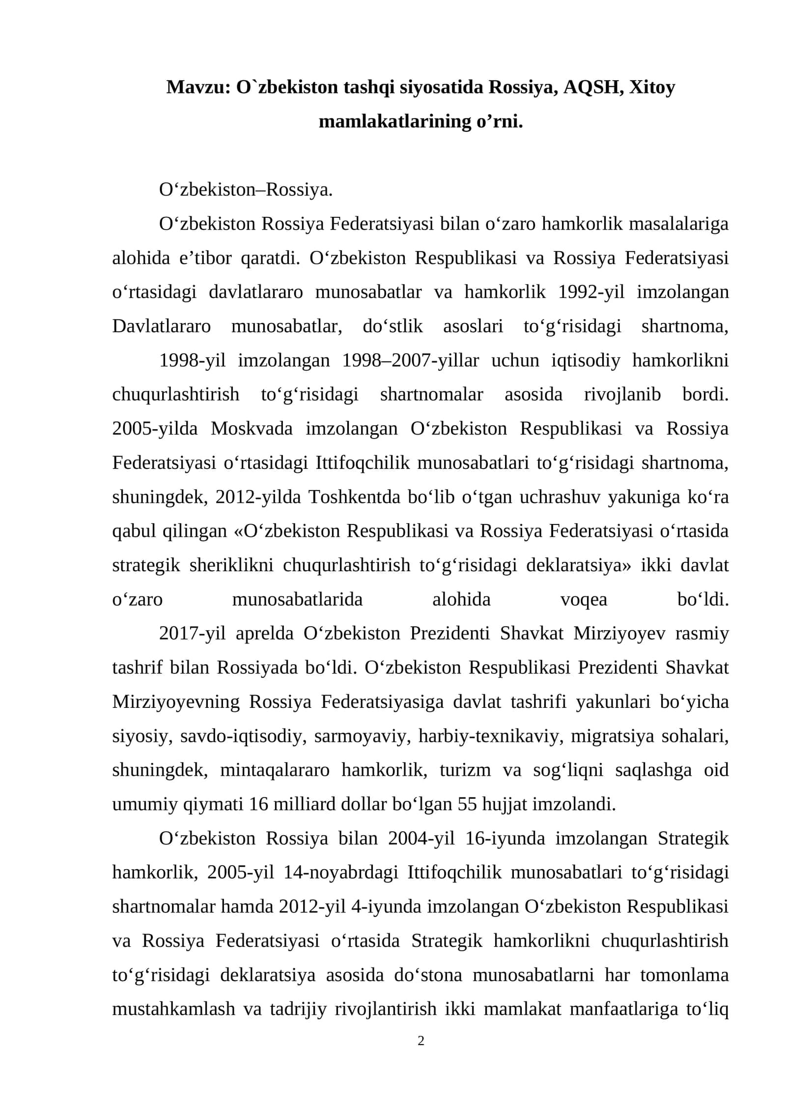 O`zbekiston tashqi siyosati 1