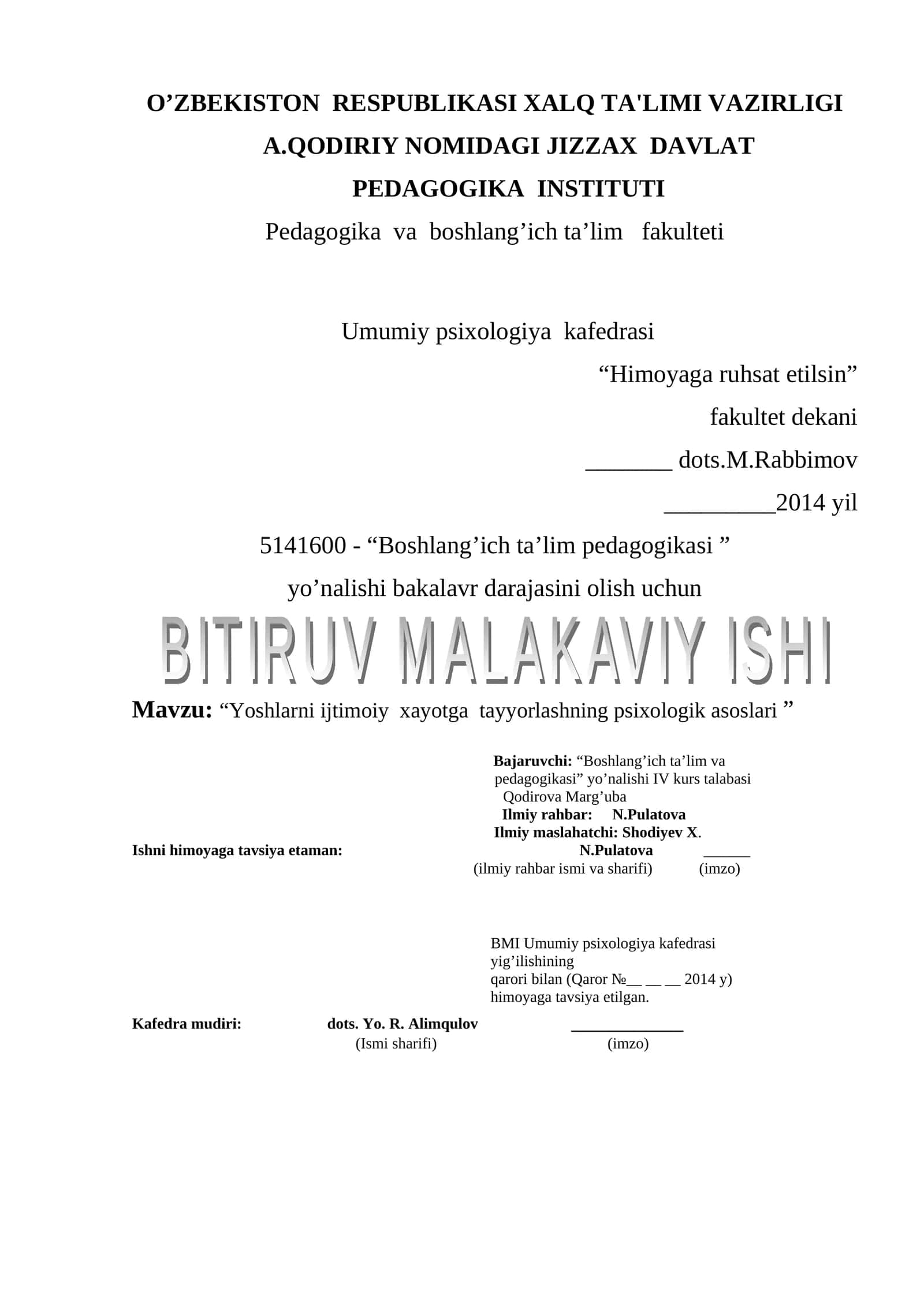 Mavzu: “Yoshlarni ijtimoiy xayotga tayyorlashning psixologik asoslari ” 1