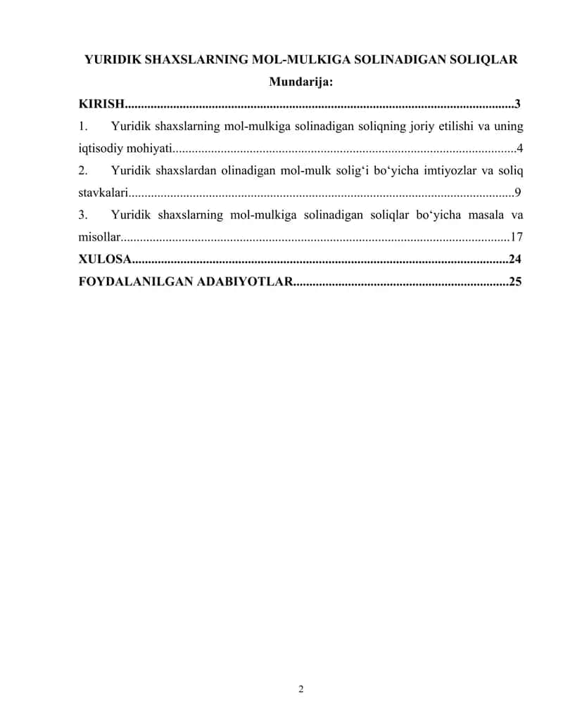 Yuridik shaxslarning mol-mulkiga solinadigan soliqlar 1
