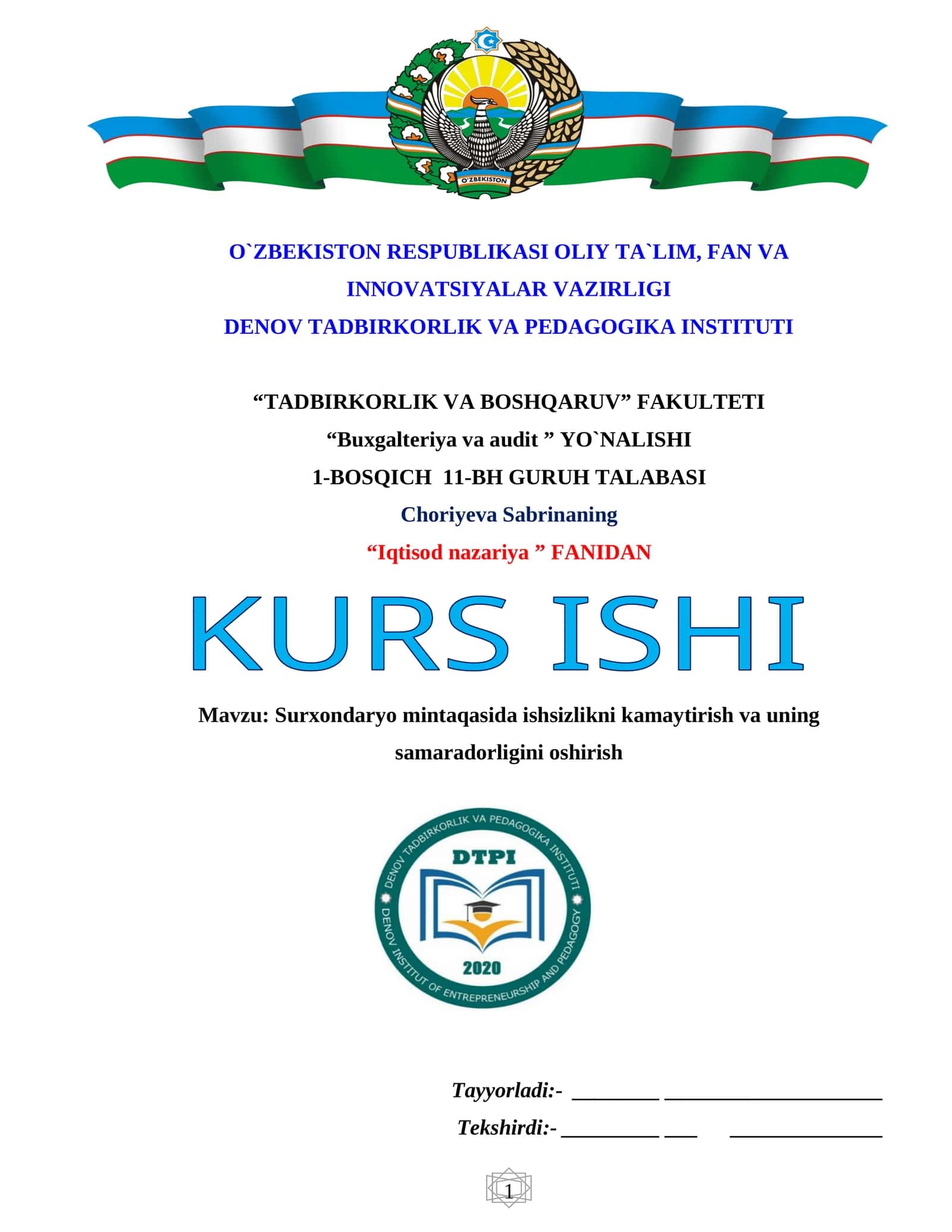 Surxondaryo mintaqasida ishsizlikni kamaytirish va uning samaradorligini oshirish 1