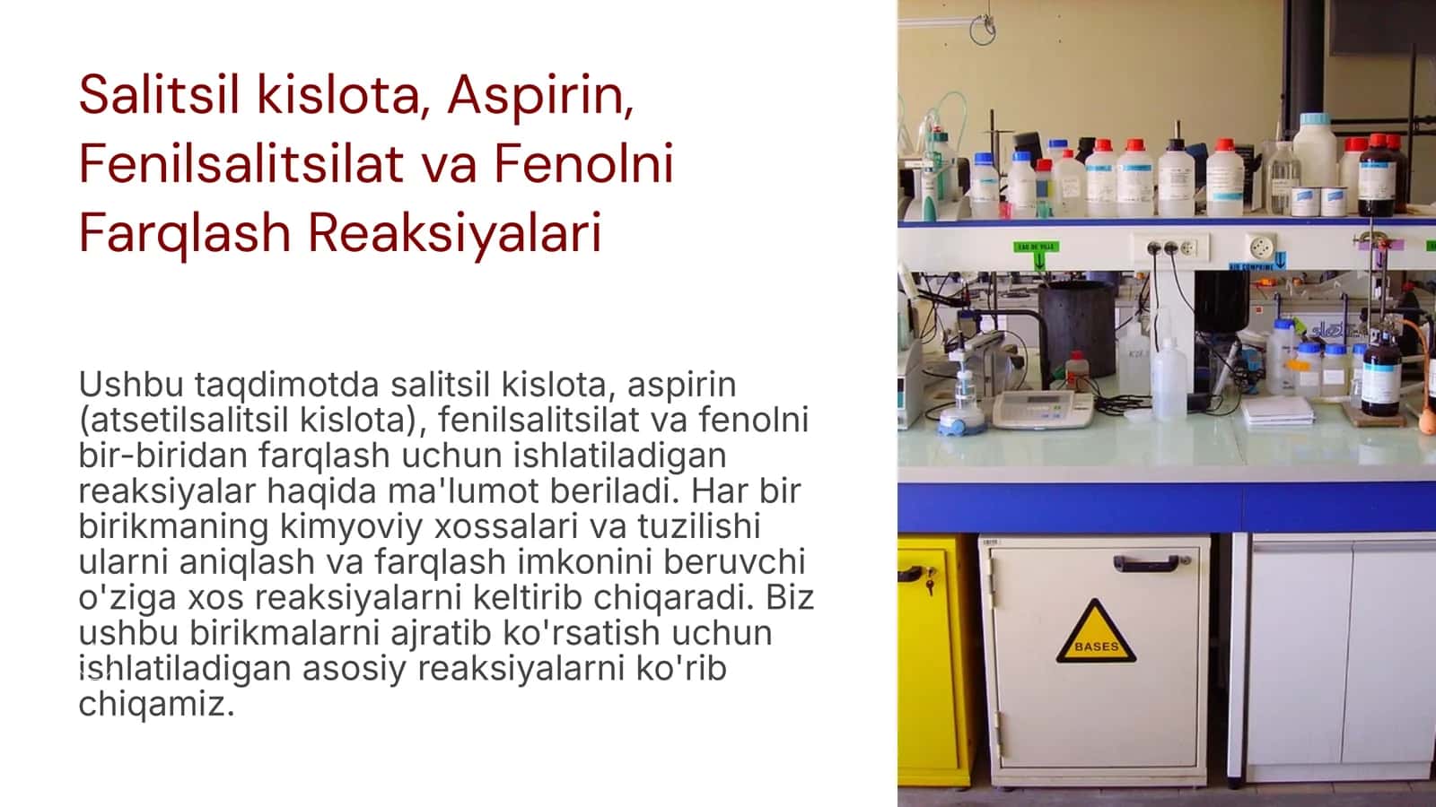 Salitsil kislota, Aspirin, Fenilsalitsilat va Fenolni Farqlash Reaksiyalari 1