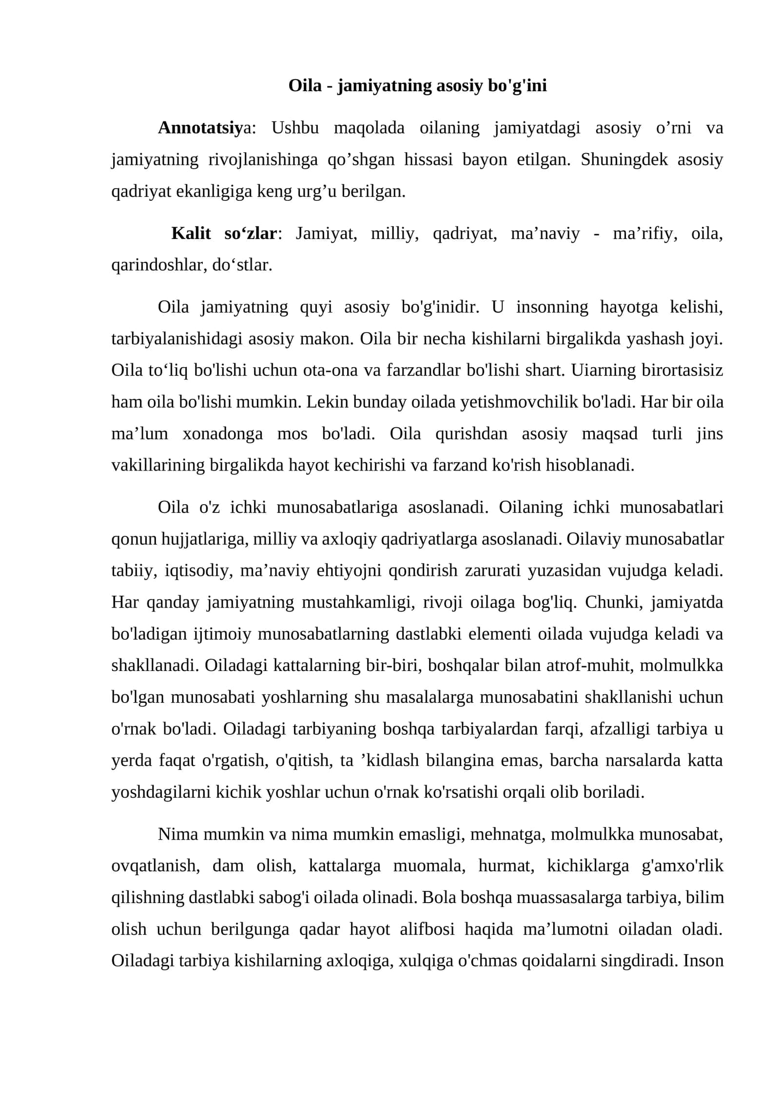Oila - jamiyatning asosiy bo'g'ini 1