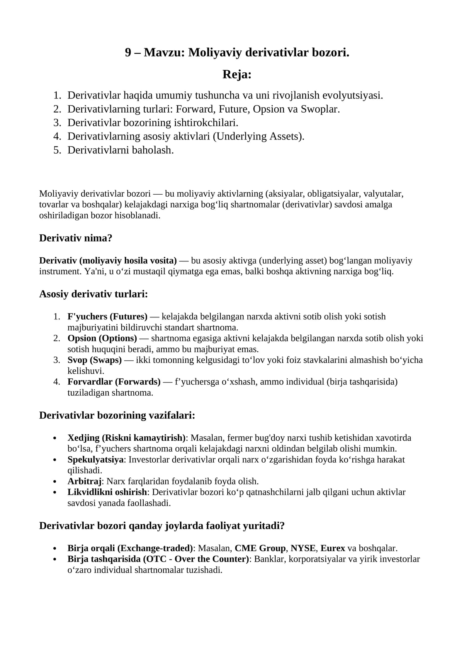 Moliyaviy derivativlar bozori 1