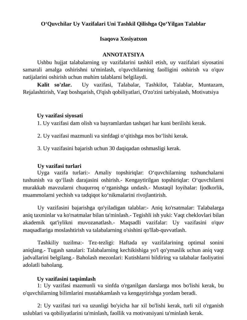 Uy Vazifalari Uni Tashkil Qilishga QoʻYilgan Talablar 1