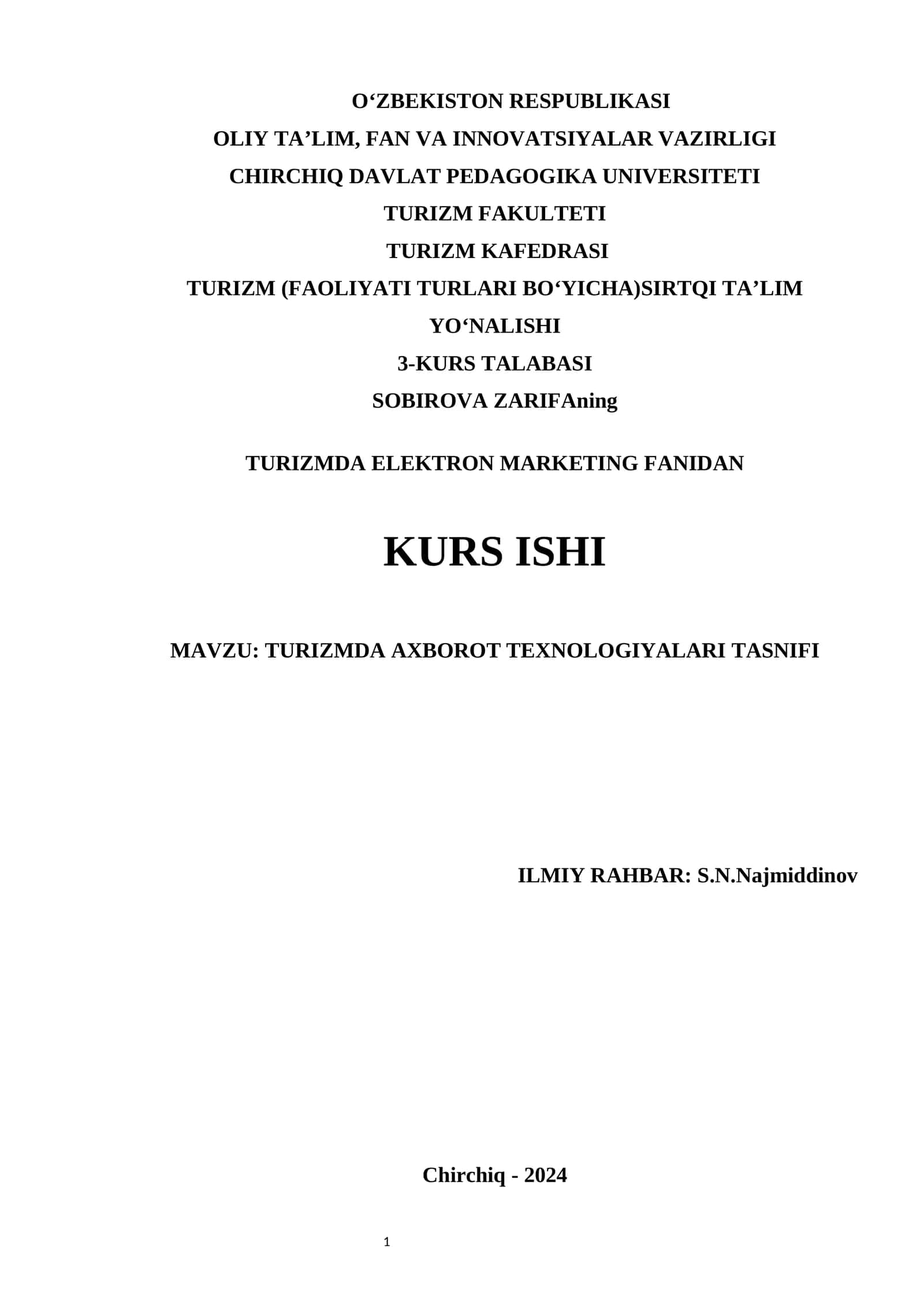 TURIZMDA ELEKTRON MARKETING FANIDAN KURS ISHI 1