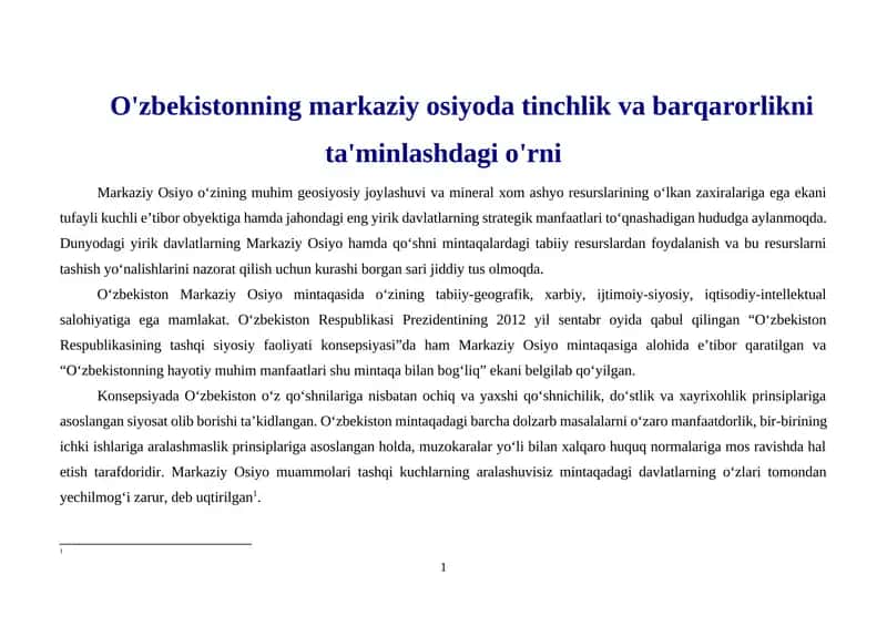 O'zbekistonning markaziy osiyoda tinchlik va barqarorlikni ta'minlashdagi o'rni 1