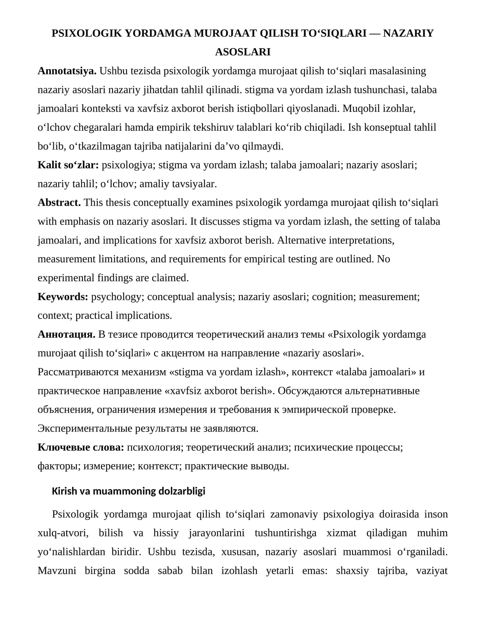 PSIXOLOGIK YORDAMGA MUROJAAT QILISH TO‘SIQLARI — NAZARIY ASOSLARI 1