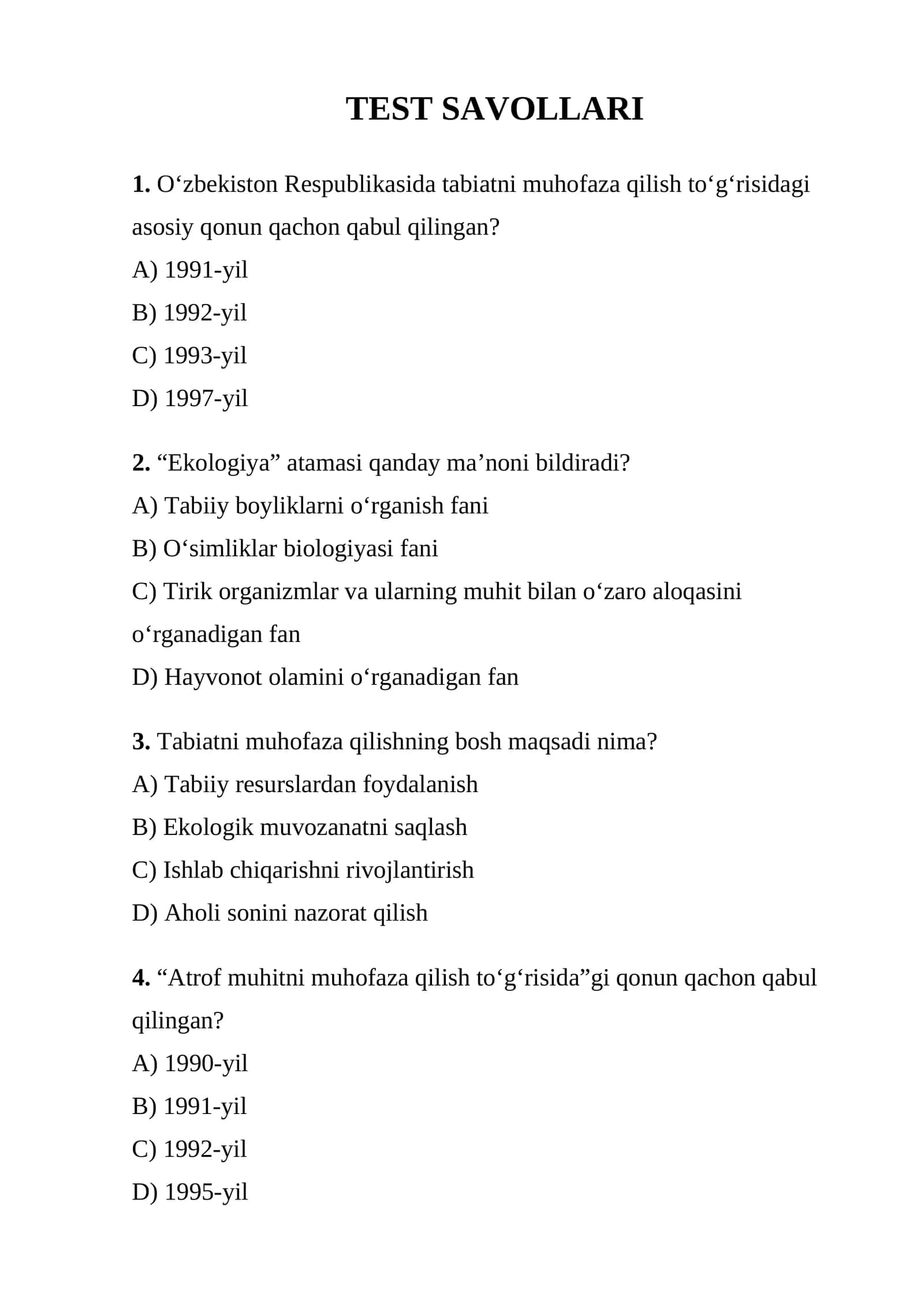 Ekologiya test savollari 1