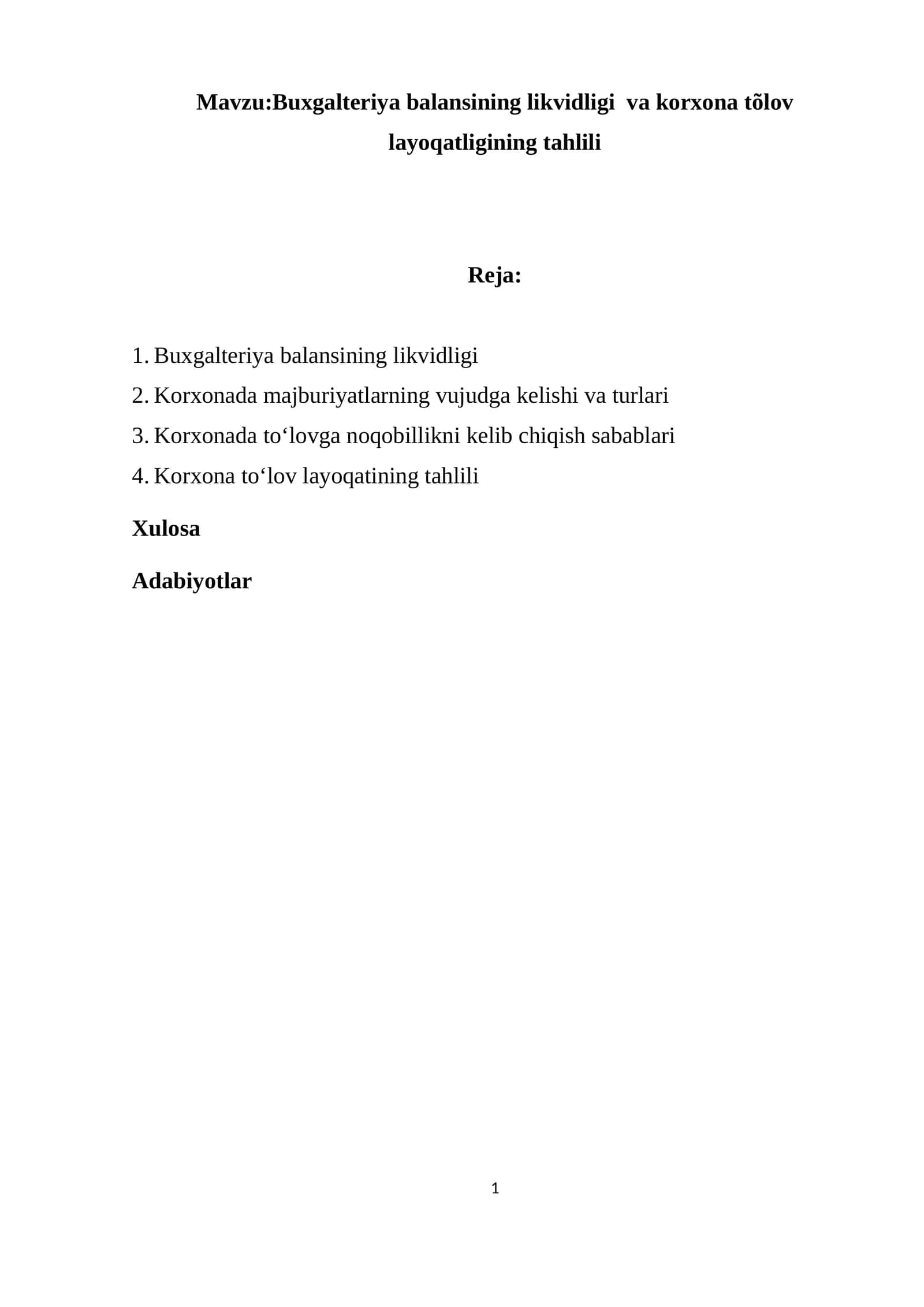 Buxgalteriya balansining likvidligi  va korxona tõlov layoqatligining tahlili 1
