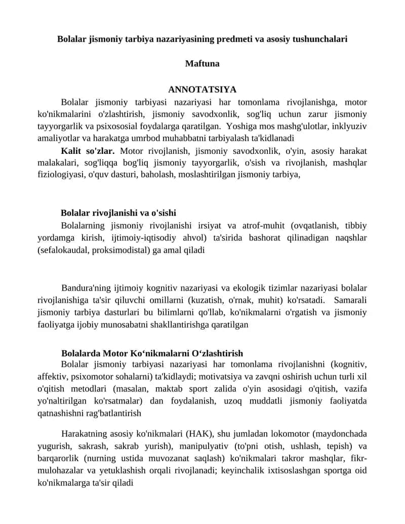 Bolalar jismoniy tarbiya nazariyasining predmeti va asosiy tushunchalari 1