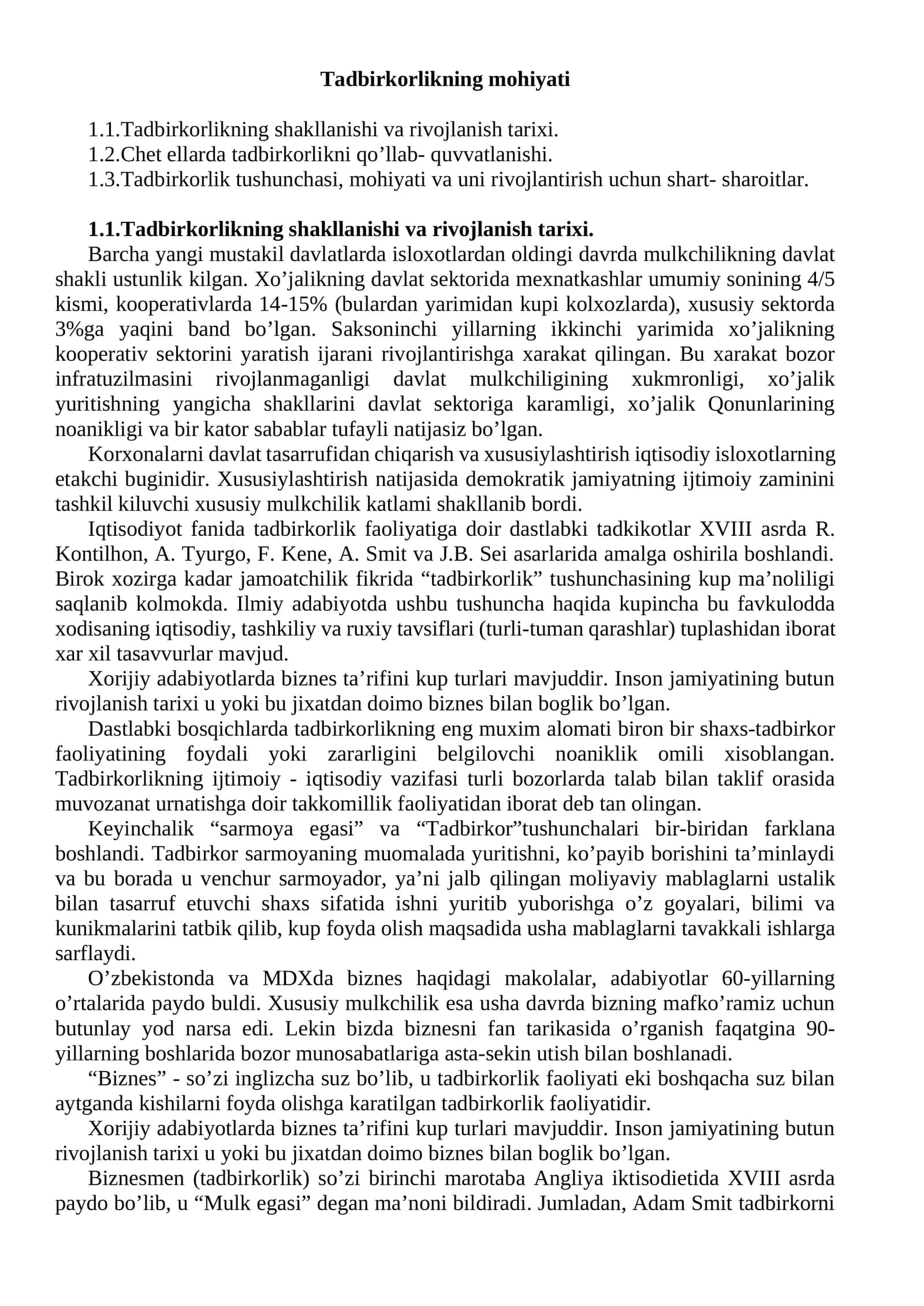 Tadbirkorlikning mohiyati 1