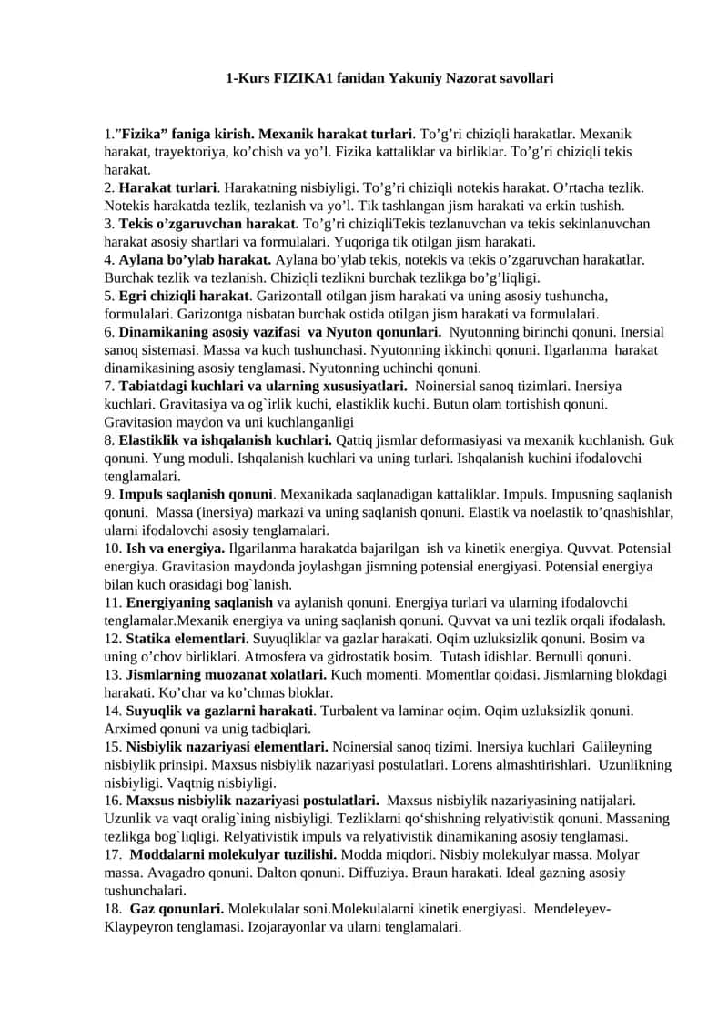 FIZIKA1 fanidan Yakuniy Nazorat savollari 1