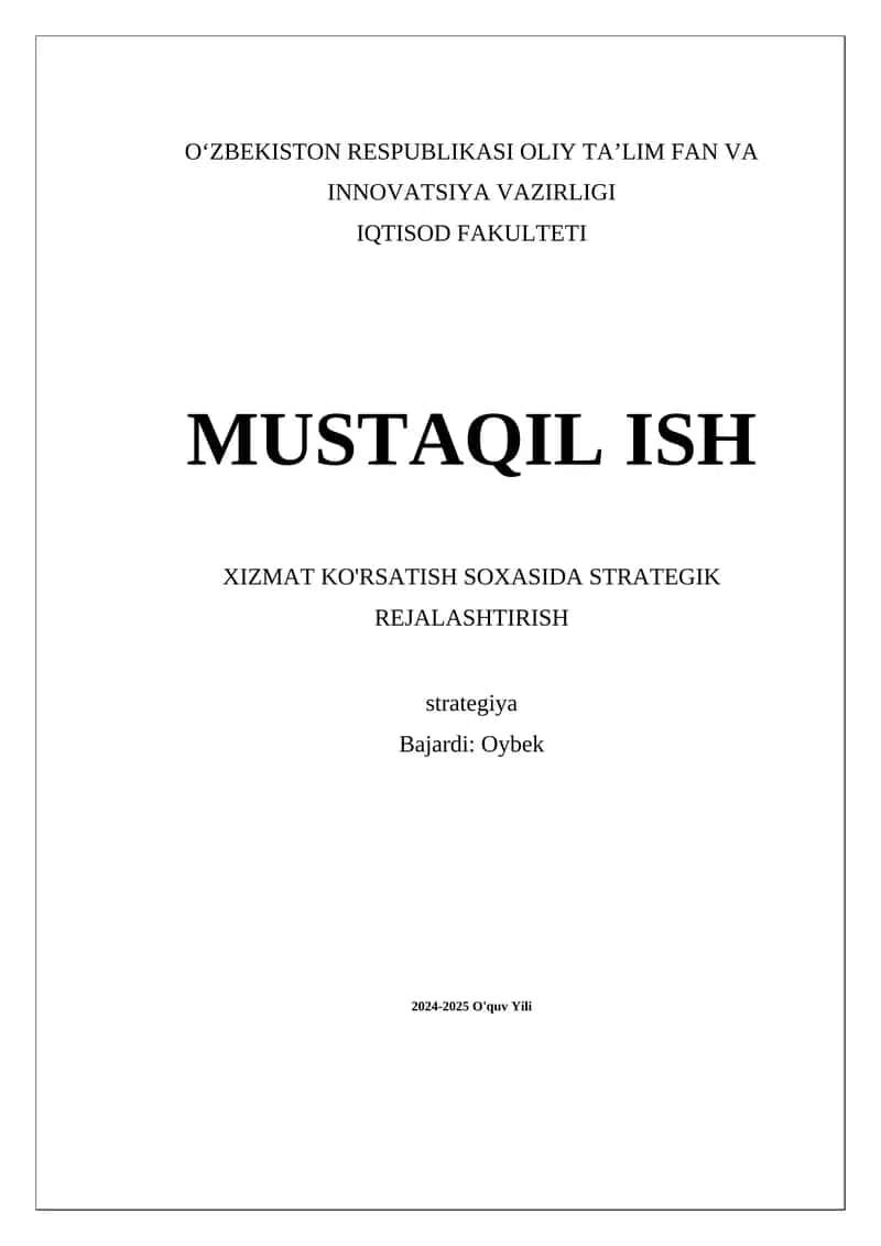 Xizmat Ko'rsatish Sohasida Strategik Rejalashtirish 1