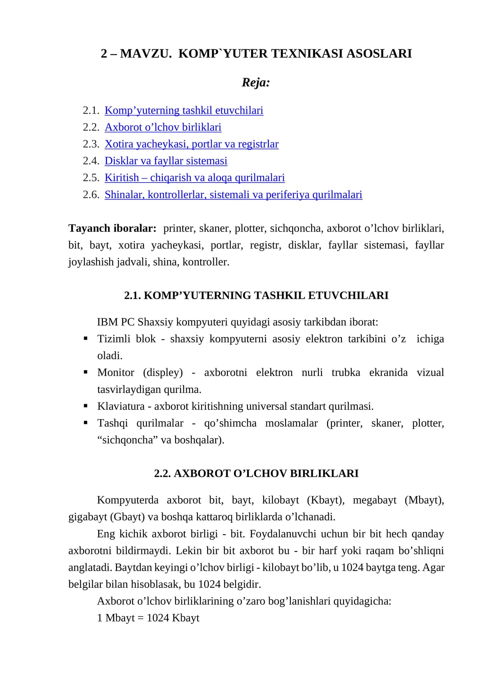 KOMP`YUTER TEXNIKASI ASOSLARI 1