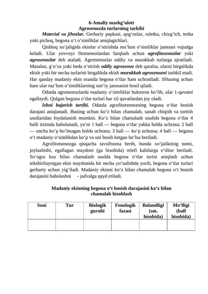 Agrosenozda turlarning tarkibi 1