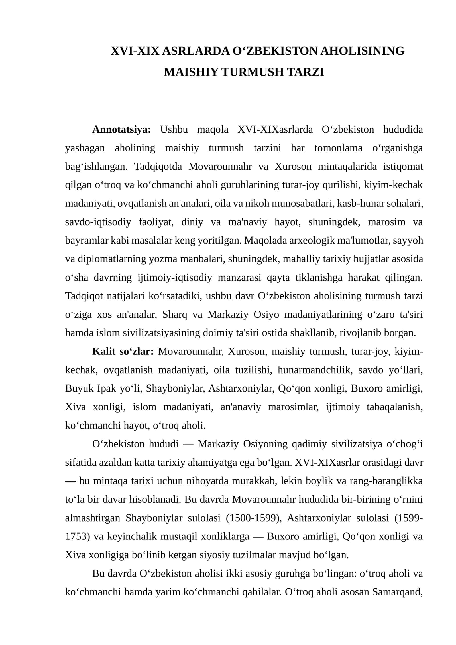 XVI-XIX ASRLARDA O‘ZBEKISTON AHOLISINING MAISHIY TURMUSH TARZI 1