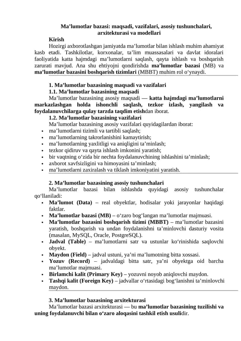 Ma’lumotlar bazasi: maqsadi, vazifalari, asosiy tushunchalari, arxitekturasi va modellari 1