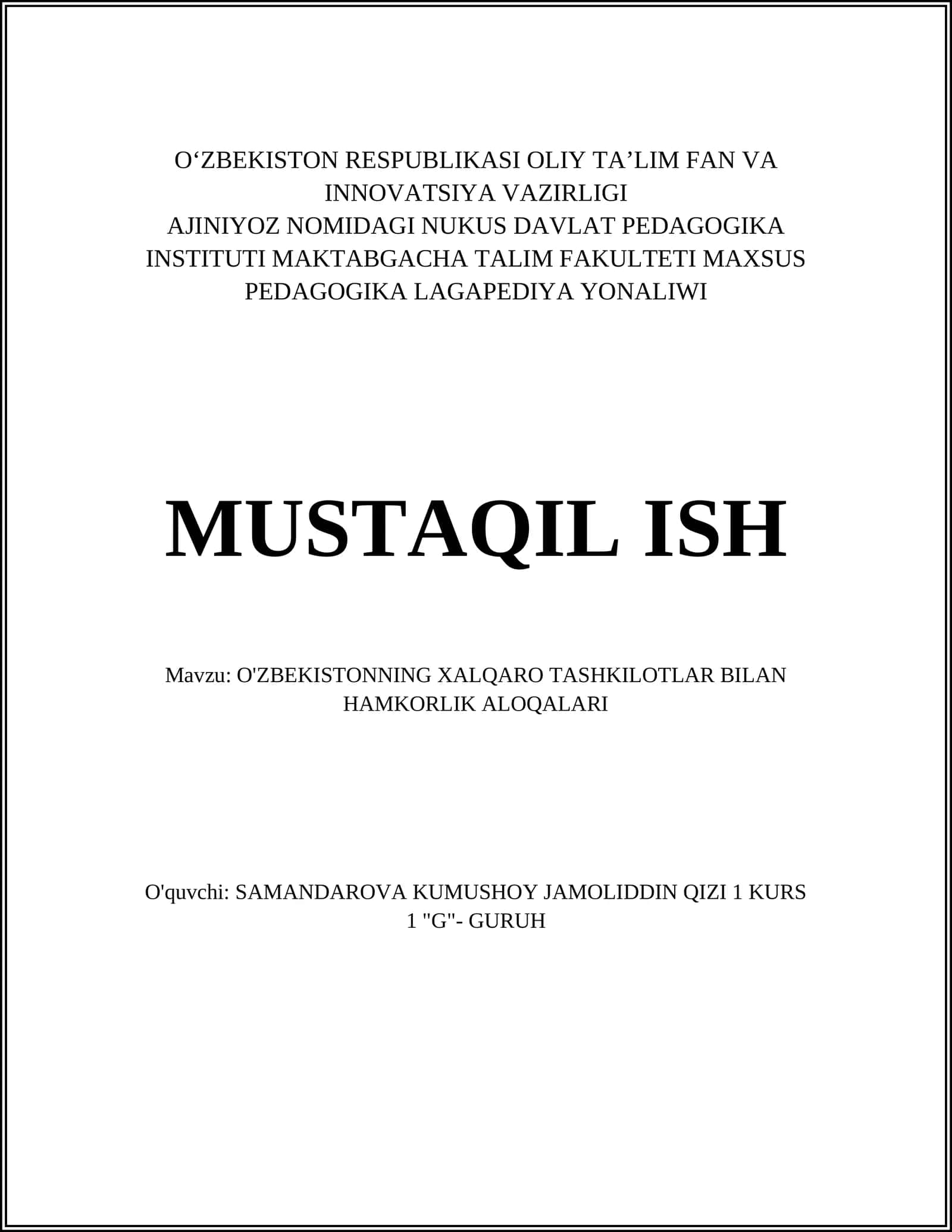 O'ZBEKISTONNING XALQARO TASHKILOTLAR BILAN HAMKORLIK ALOQALARI 1