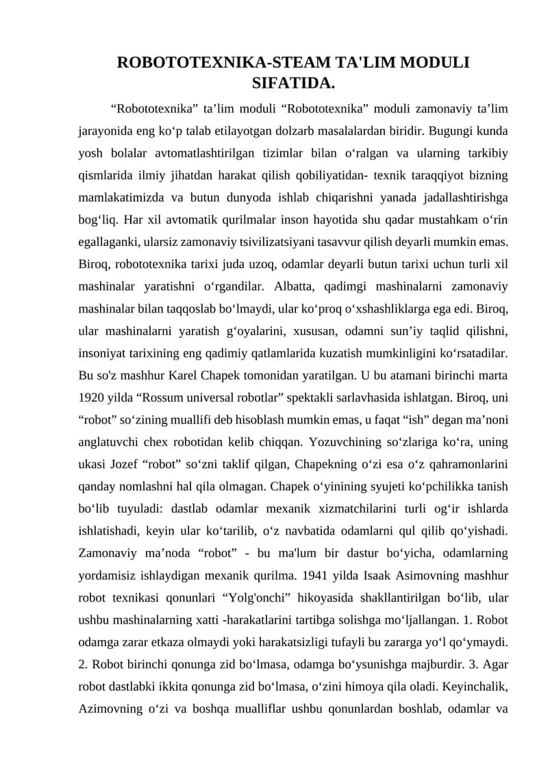 Robototexnika-STEAM Ta'lim Moduli 1